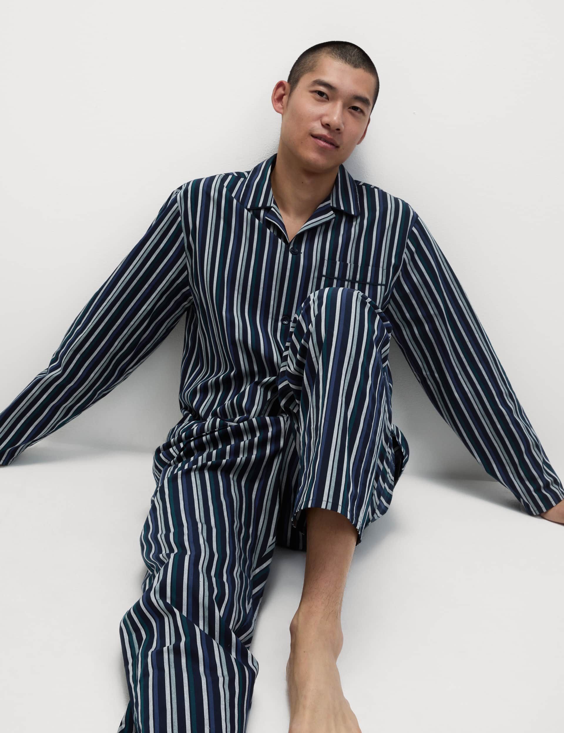 M&S Men's Pure Cotton Striped Pyjama Set - L - Blue Mix, Blue Mix