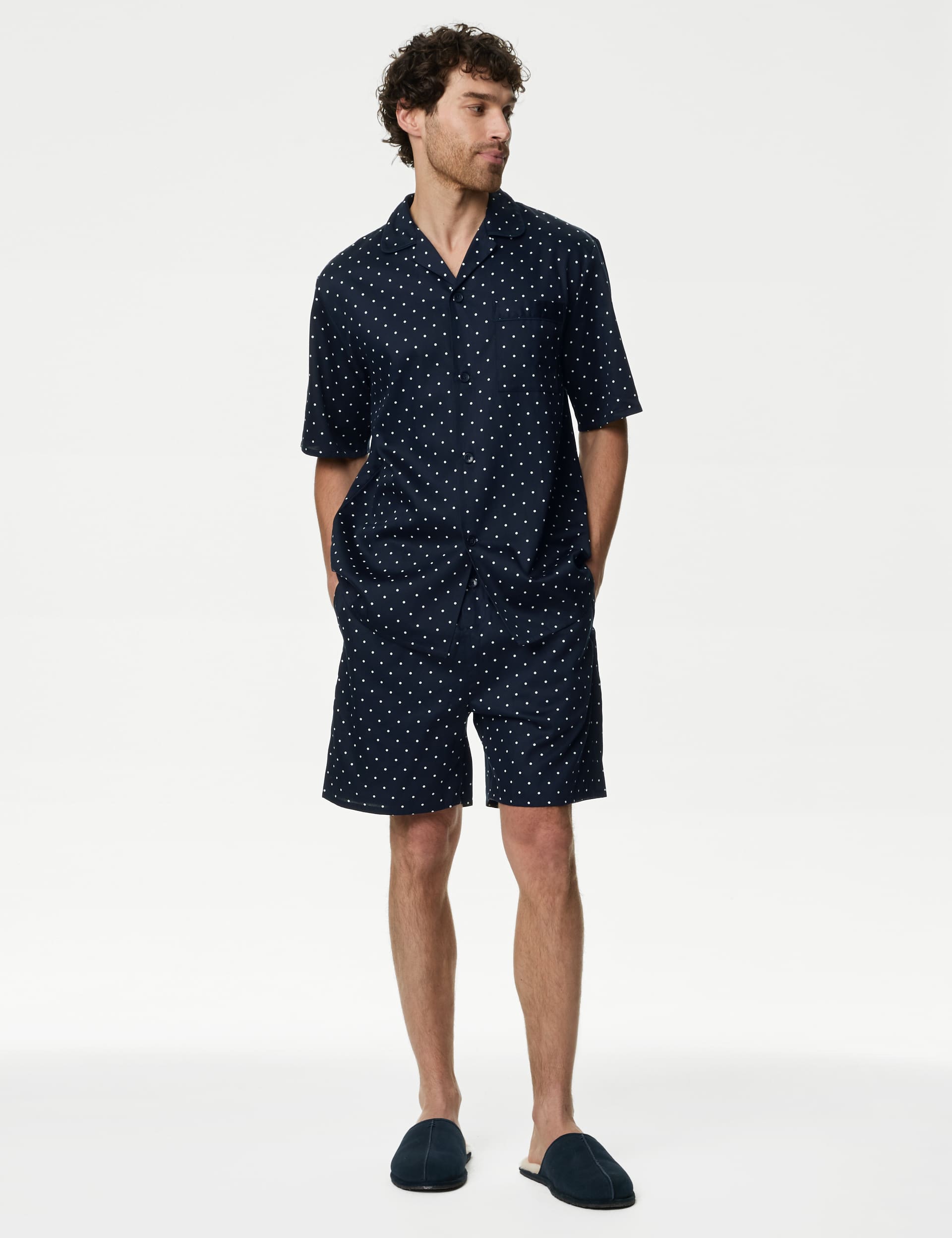 M&S Men's Pure Cotton Polka Dot Pyjama Set - Navy Mix, Navy Mix