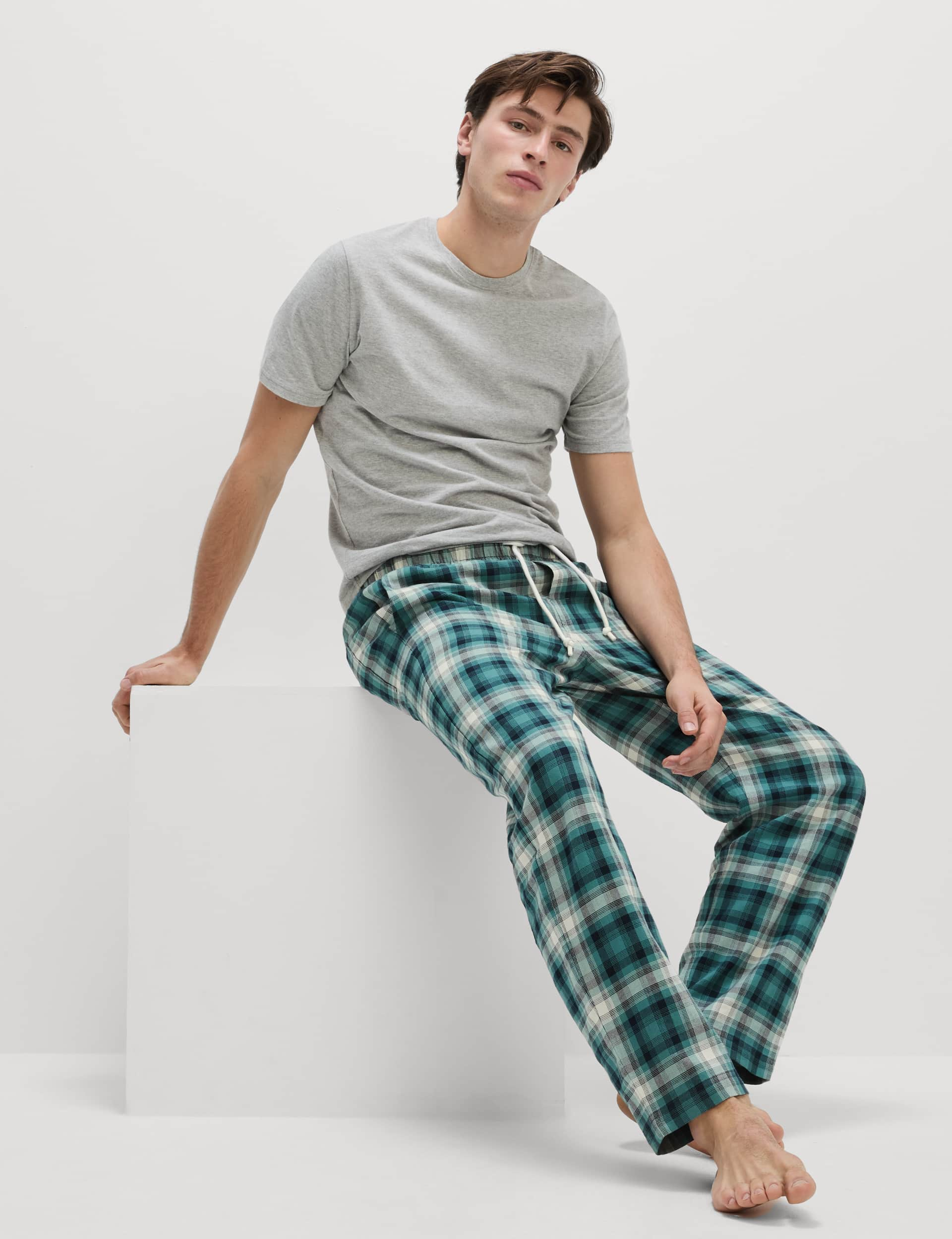 M&S Collection Men's Pure Cotton Checked Loungewear Bottoms - Teal Mix, Teal Mix