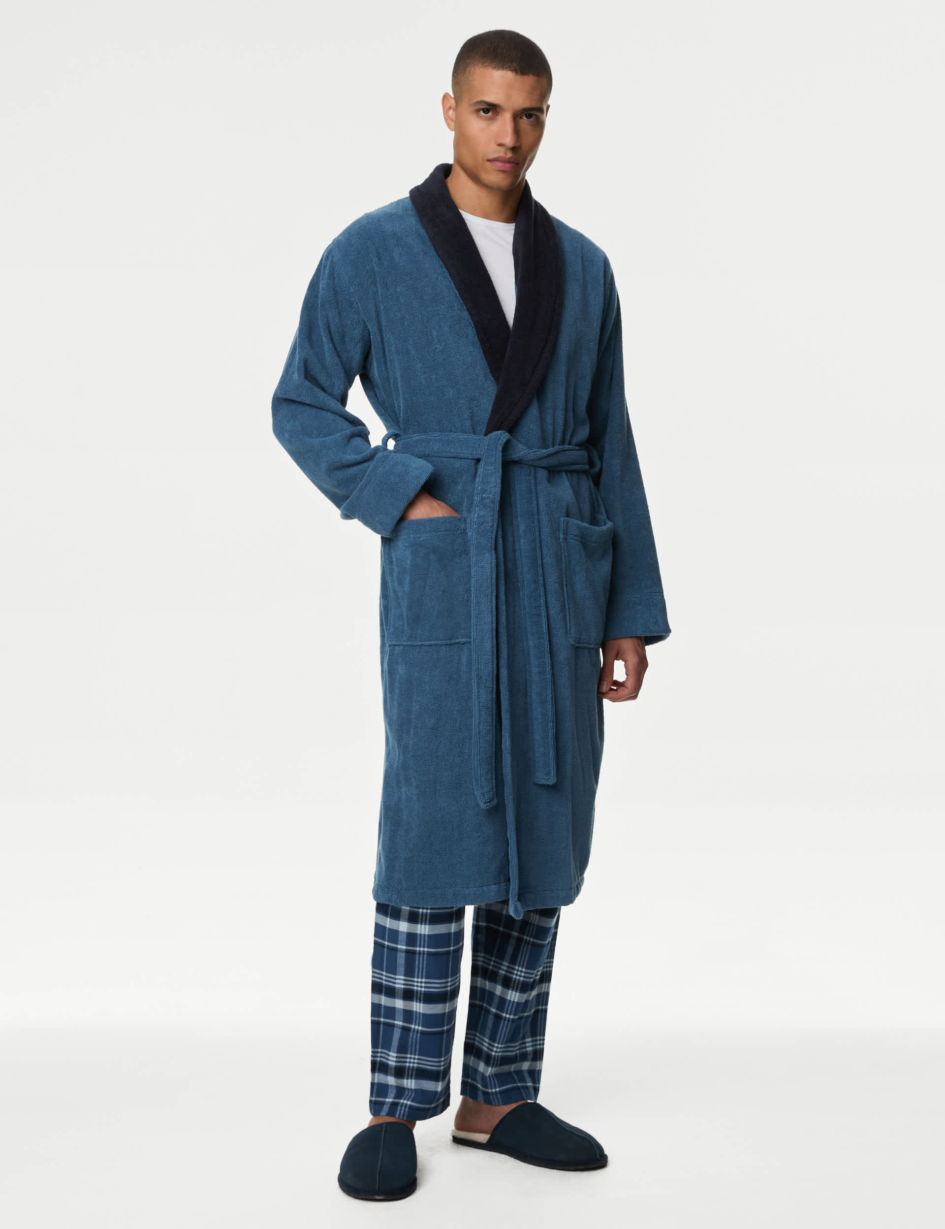 M&S Men's Longer Length Pure Cotton Dressing Gown - M - Blue, Blue