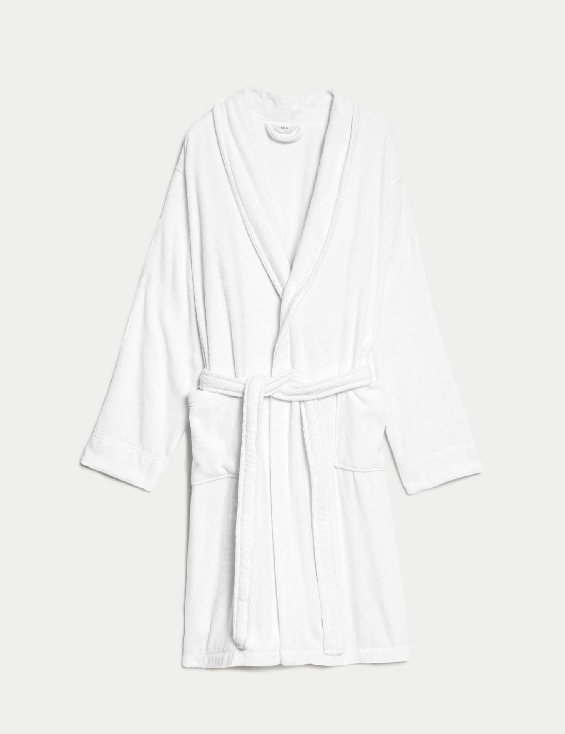 M&S Men's Pure Cotton Towelling Dressing Gown - M - White, White,Blue Mix