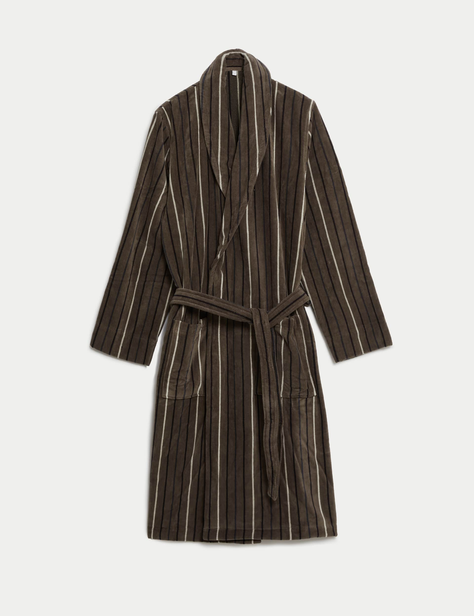 Autograph Men's Pure Cotton Velour Striped Dressing Gown - XL - Mole, Mole,Dark Navy