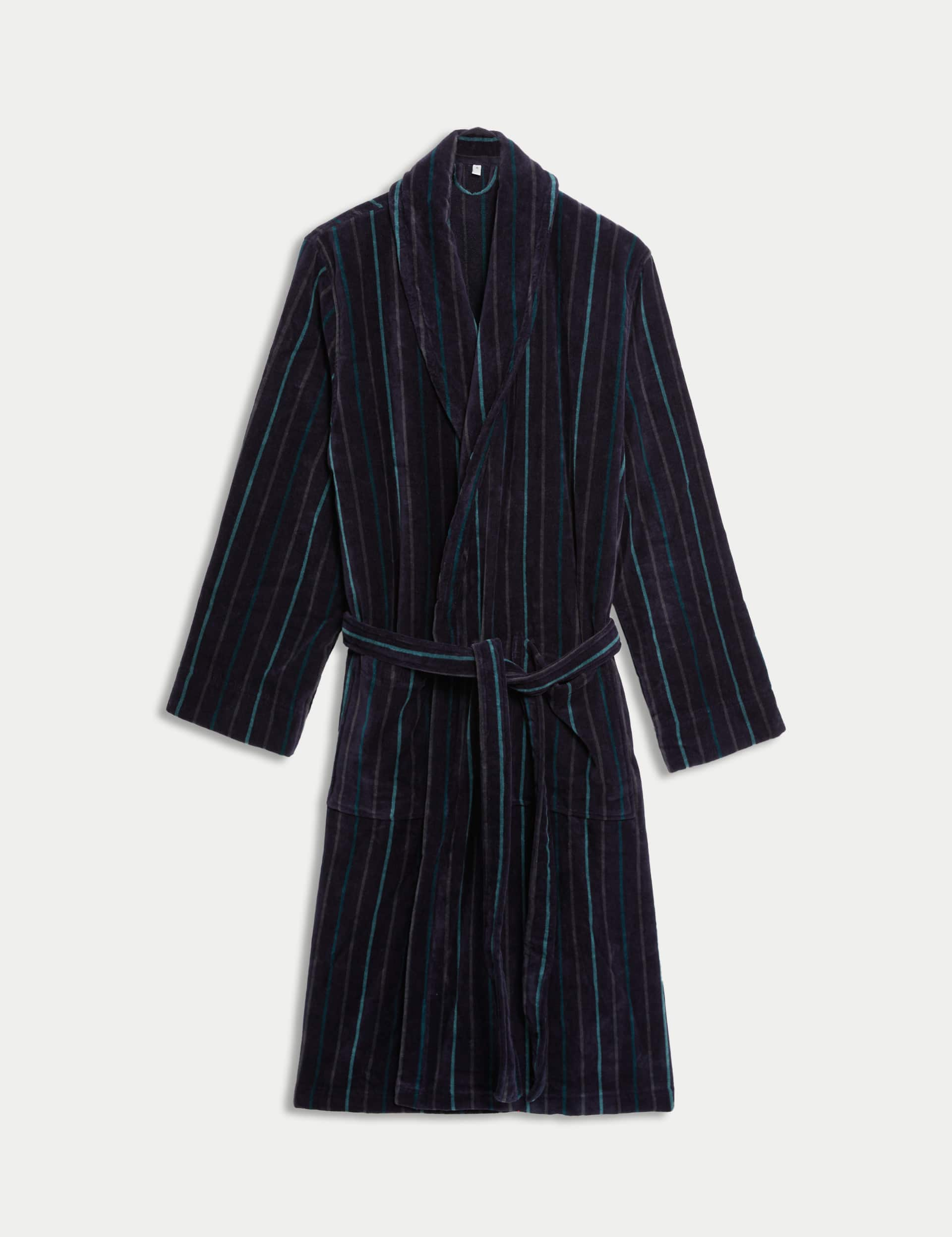 Autograph Men's Pure Cotton Velour Striped Dressing Gown - Dark Navy, Mole,Dark Navy