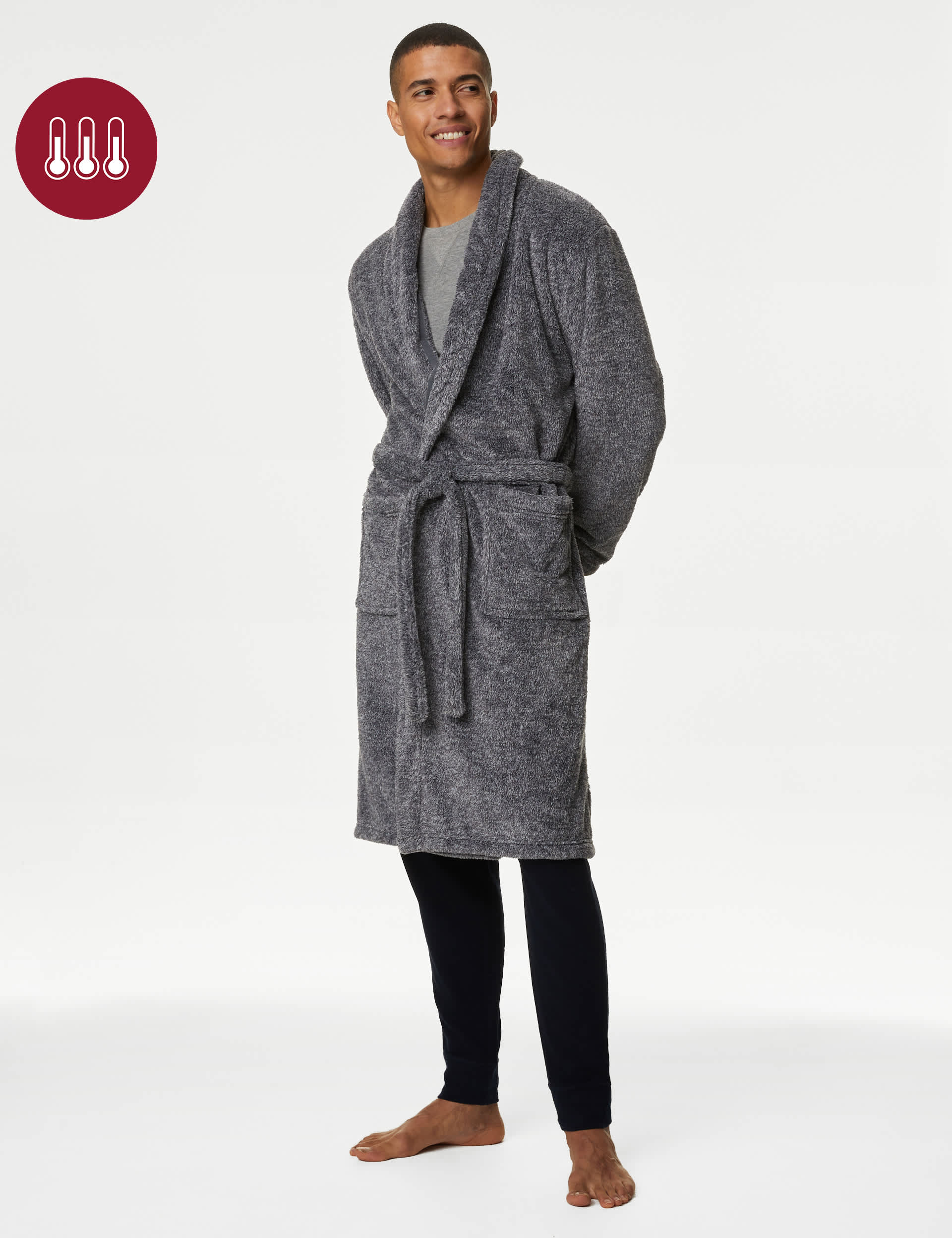 M&S Men's Fleece Supersoft Dressing Gown - M - Grey Marl, Grey Marl,Midnight Navy,Light Denim,Bottle Green