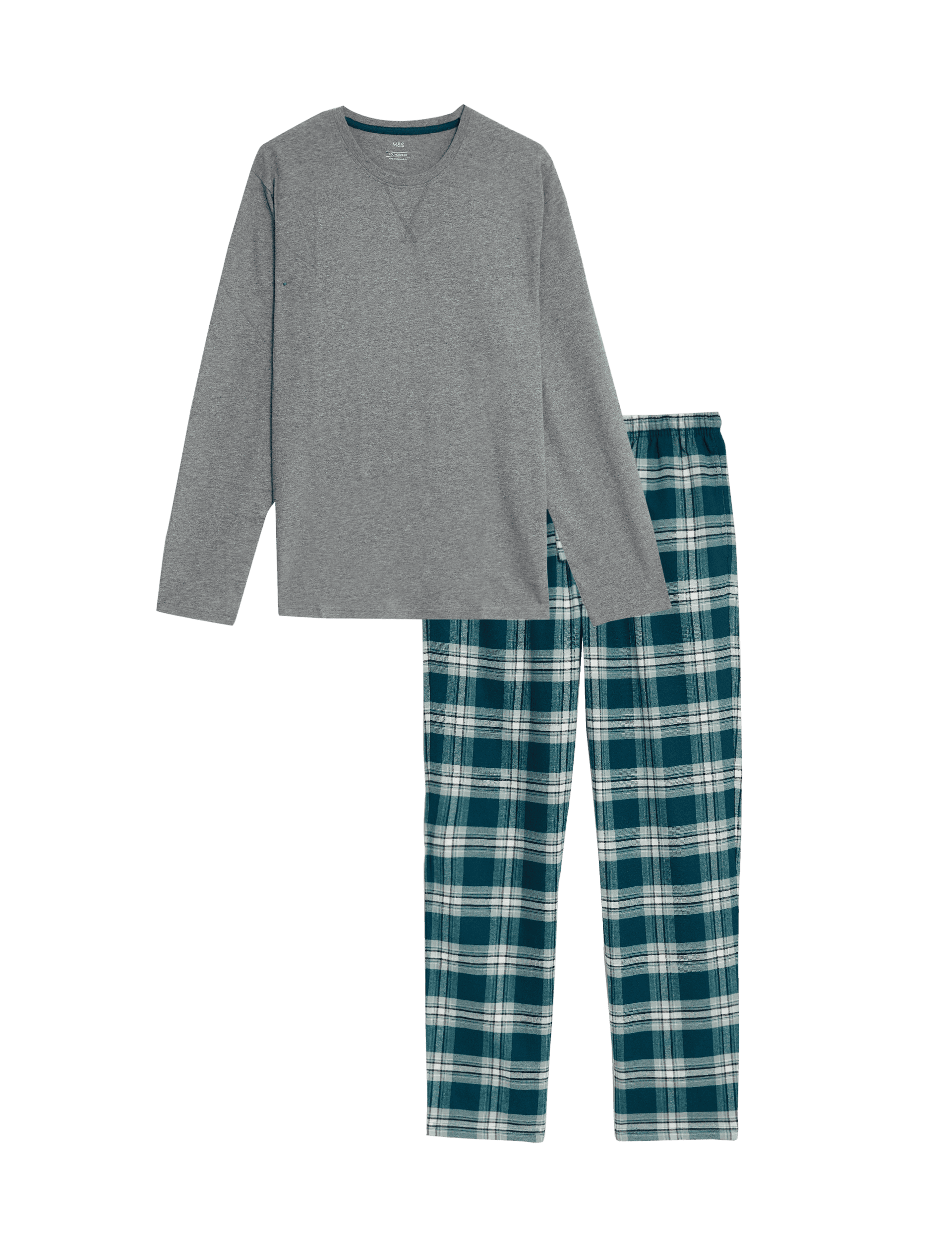 M&S Collection Men's Brushed Cotton Checked Pyjama Set - Grey Mix, Grey Mix