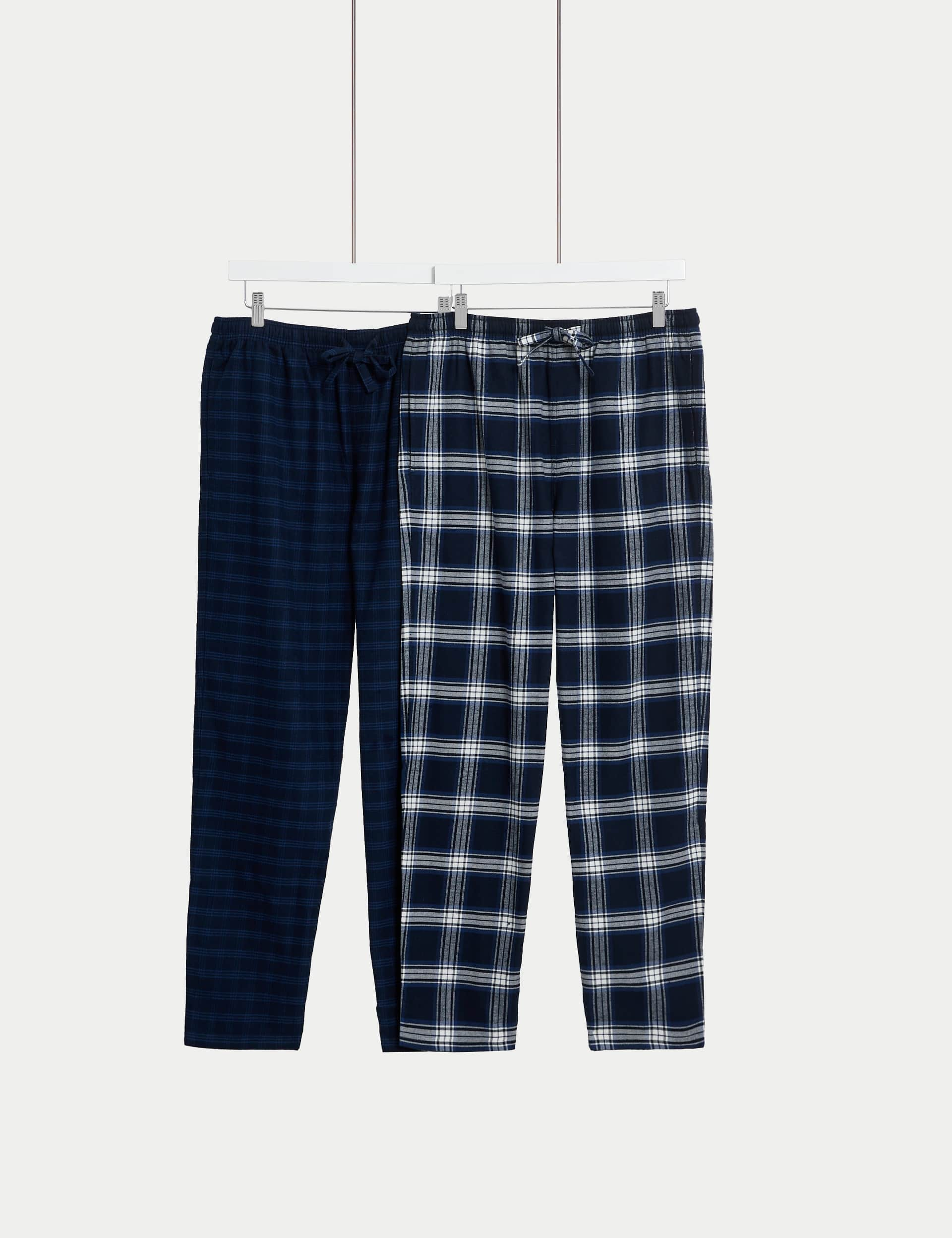 M&S Men's 2pk Pure Cotton Checked Pyjama Bottoms - L - Navy Mix, Navy Mix