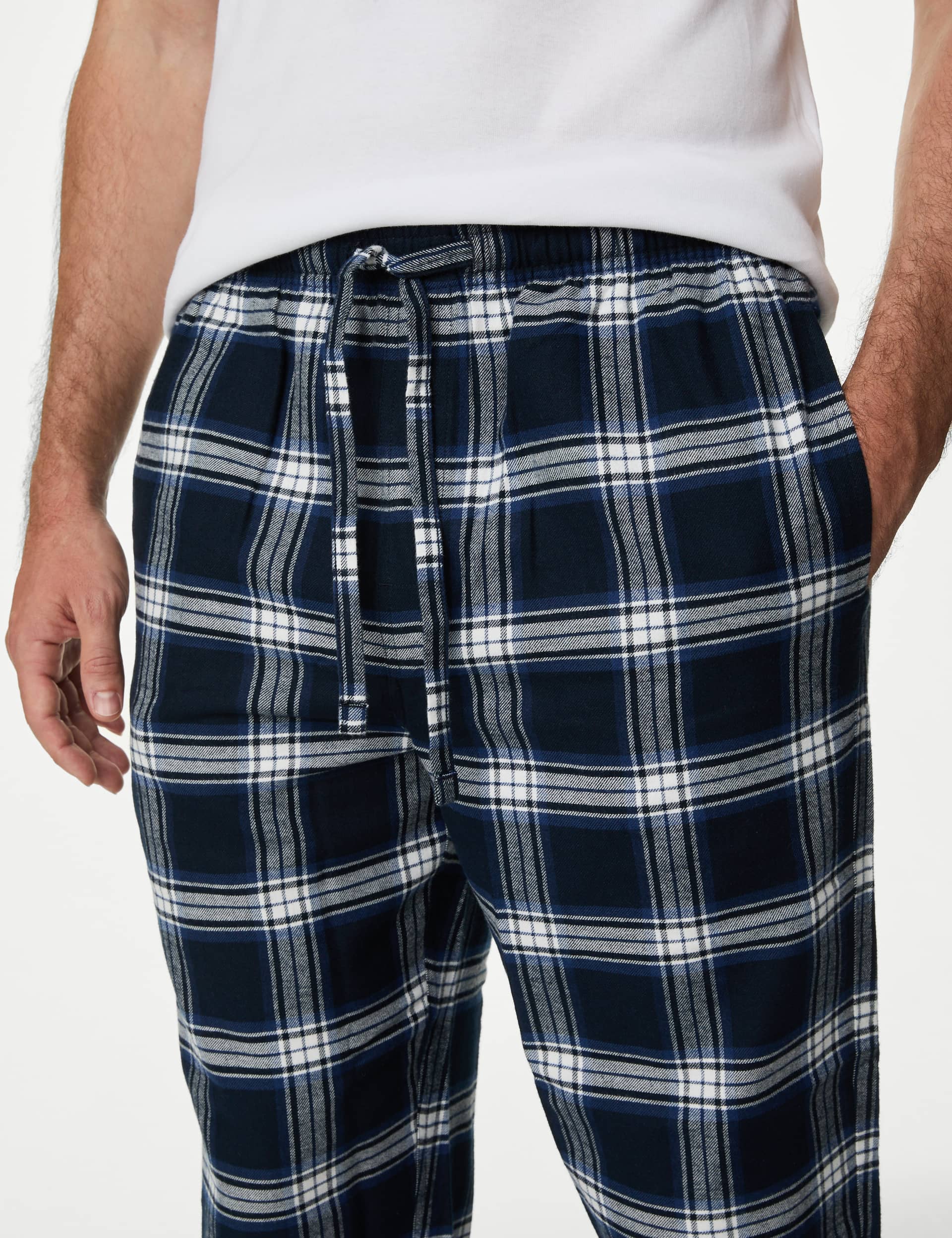 M&S Collection Men's 2 Pack Pure Cotton Checked Pyjama Bottoms - Navy Mix, Navy Mix