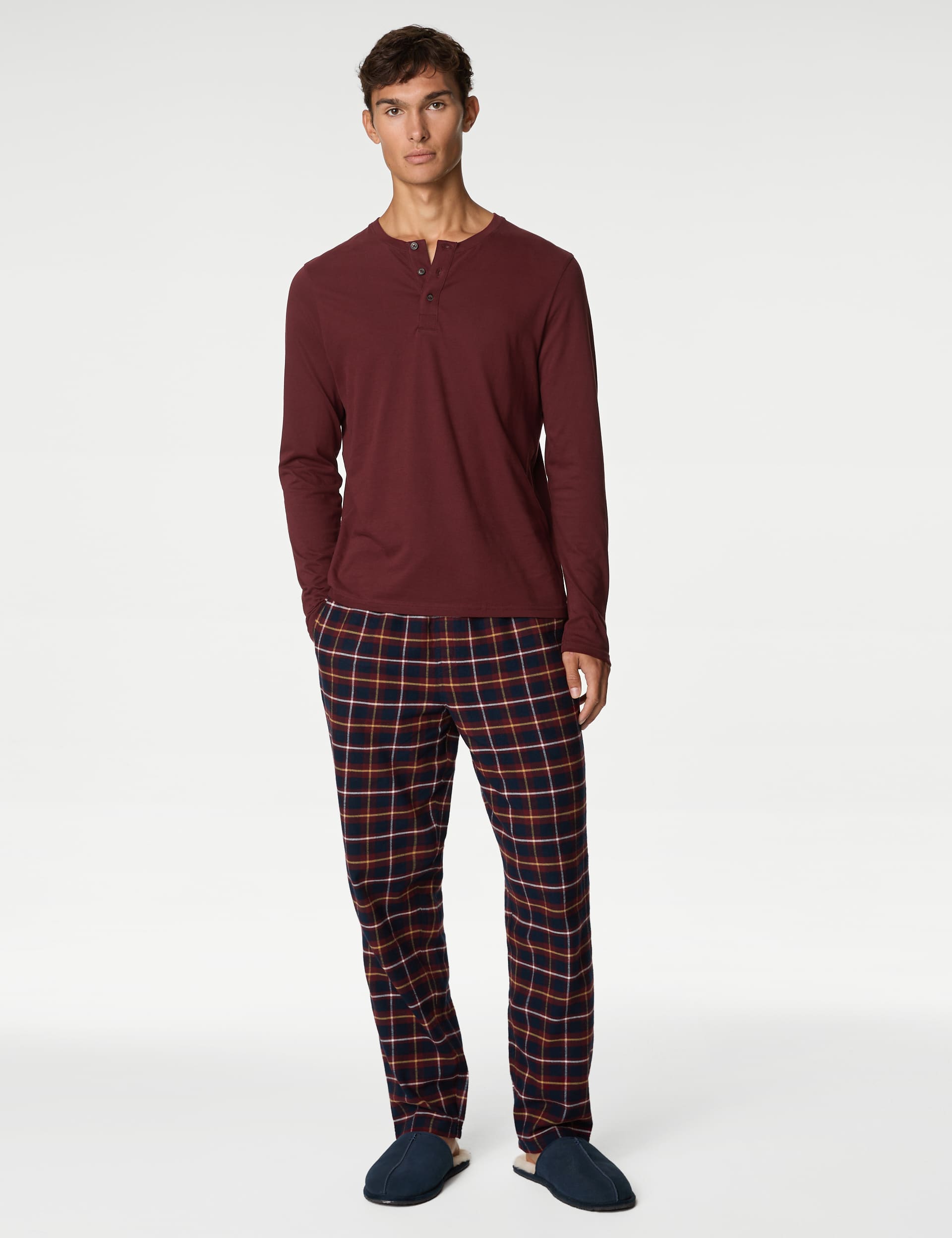 M&S Men's Brushed Cotton Checked Pyjama Set - Burgundy Mix, Burgundy Mix