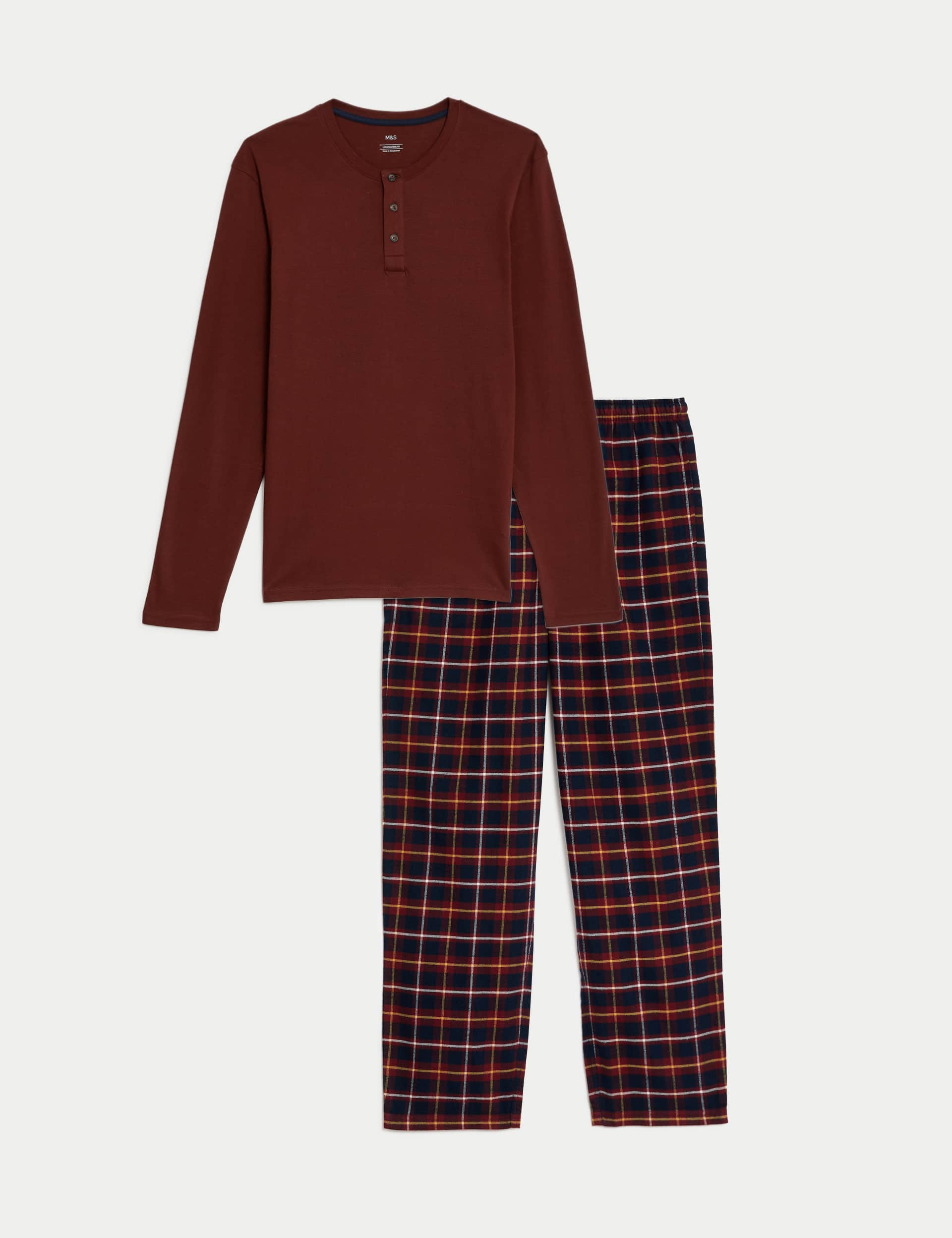 M&S Men's Brushed Cotton Checked Pyjama Set - Burgundy Mix, Burgundy Mix