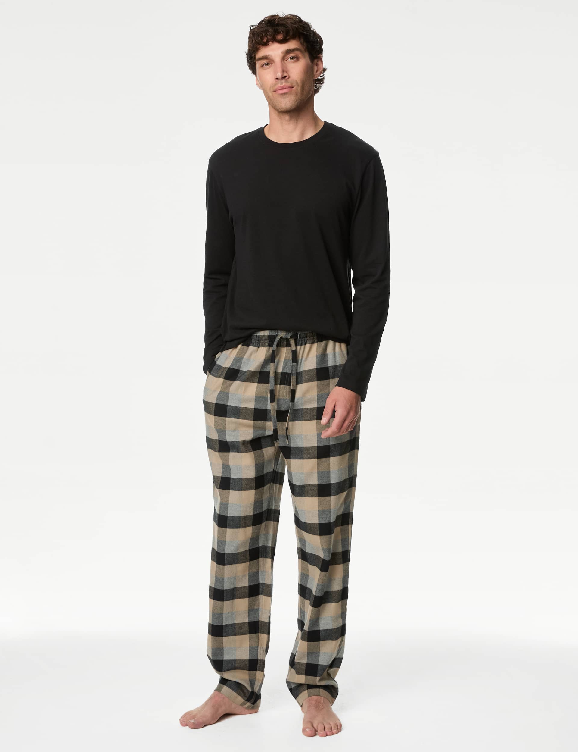 M&S Men's Brushed Cotton Checked Pyjama Set - Black Mix, Black Mix