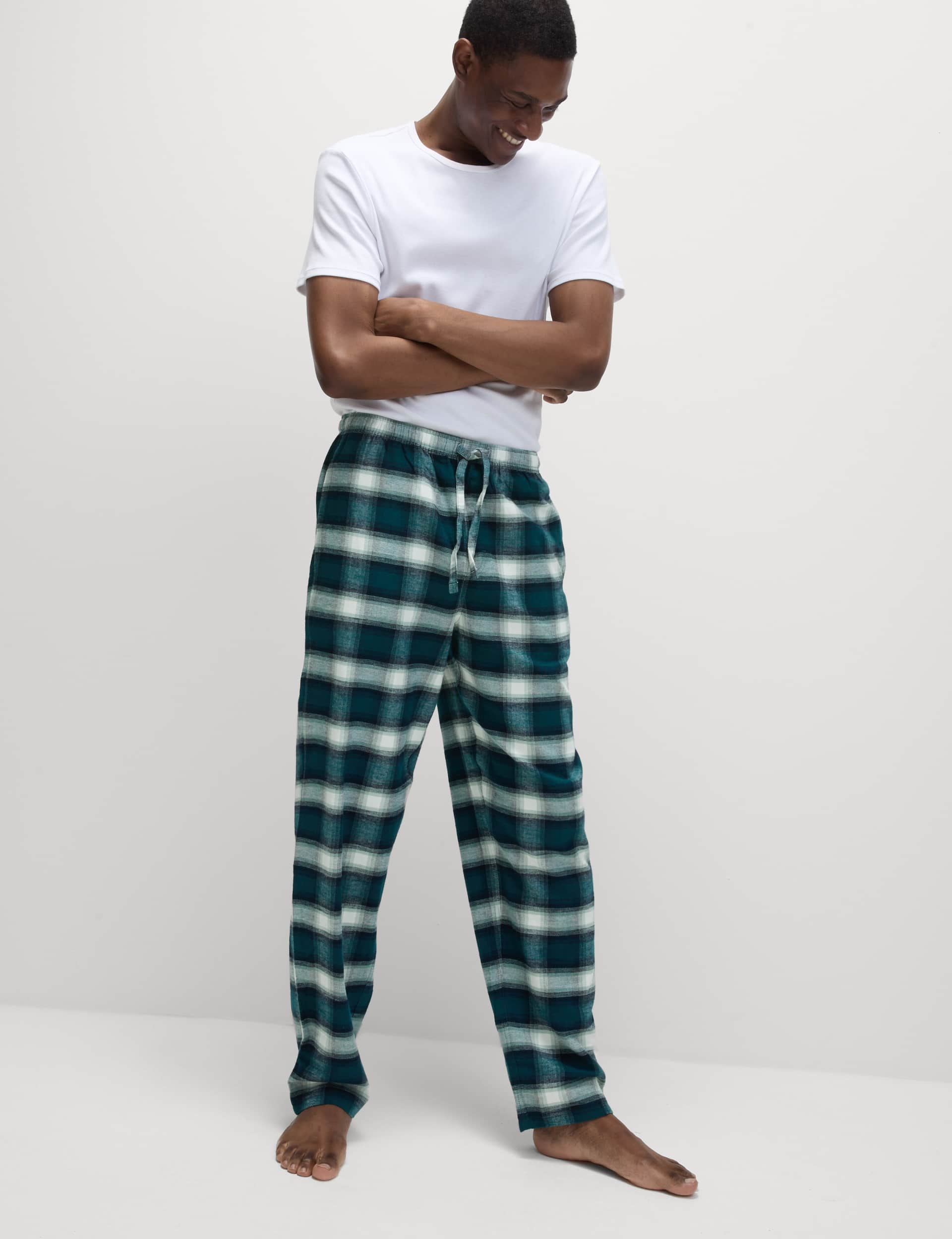 M&S Collection Men's 2 Pack Brushed Cotton Checked Pyjama Bottoms - L - Teal Mix, Teal Mix