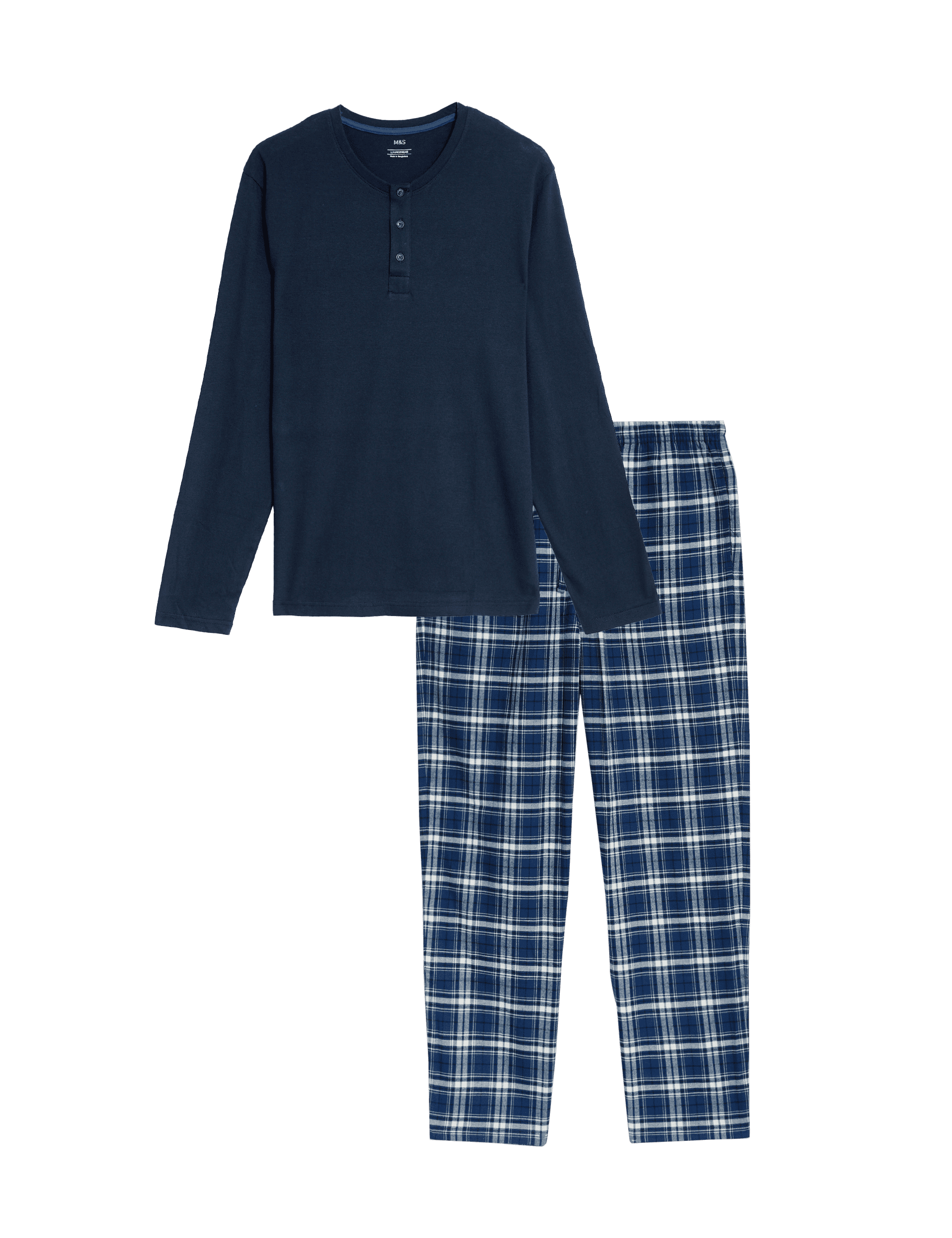 M&S Collection Men's Brushed Cotton Checked Pyjama Set - L - Navy Mix, Navy Mix