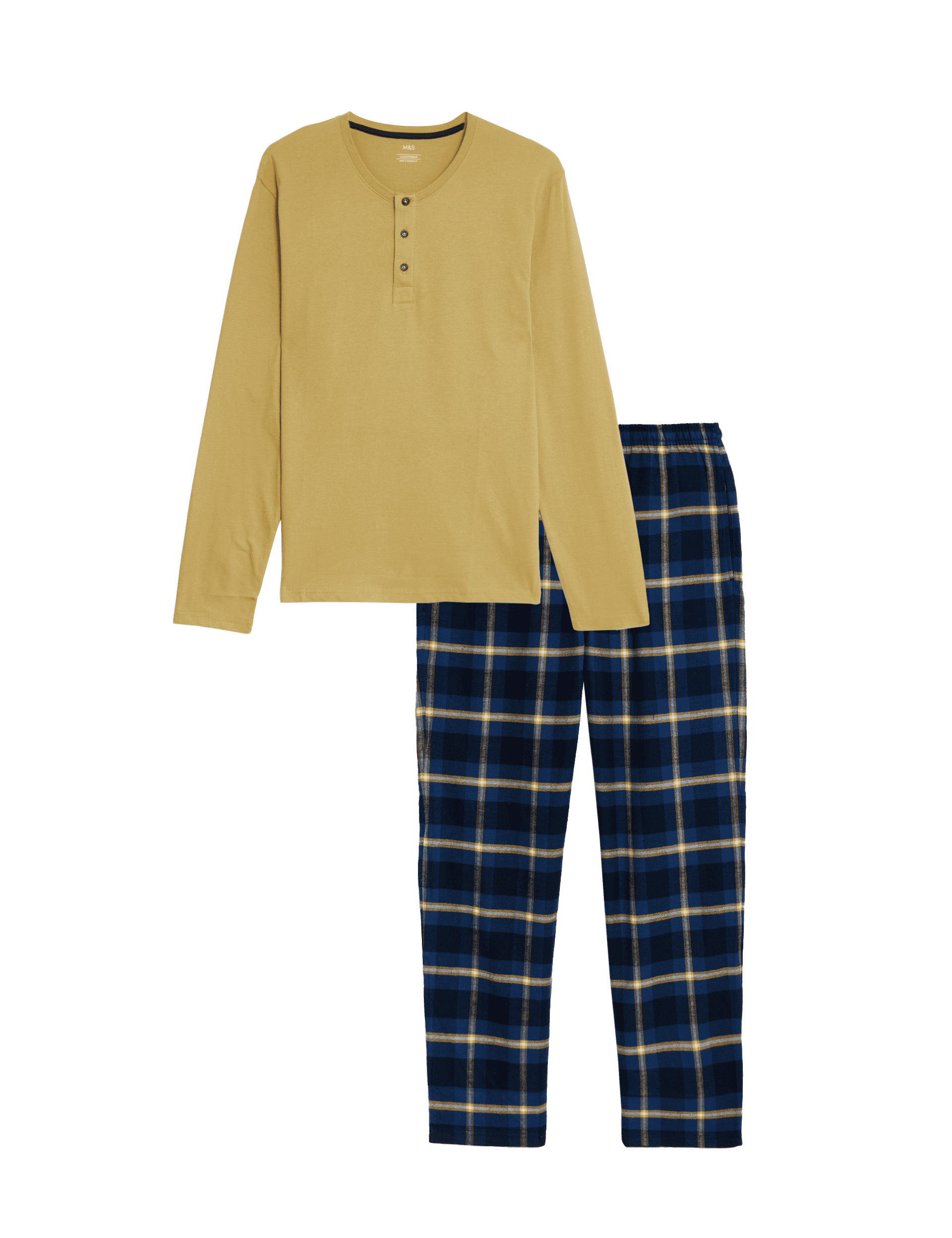 M&S Collection Men's Brushed Cotton Checked Pyjama Set - Yellow Mix, Yellow Mix