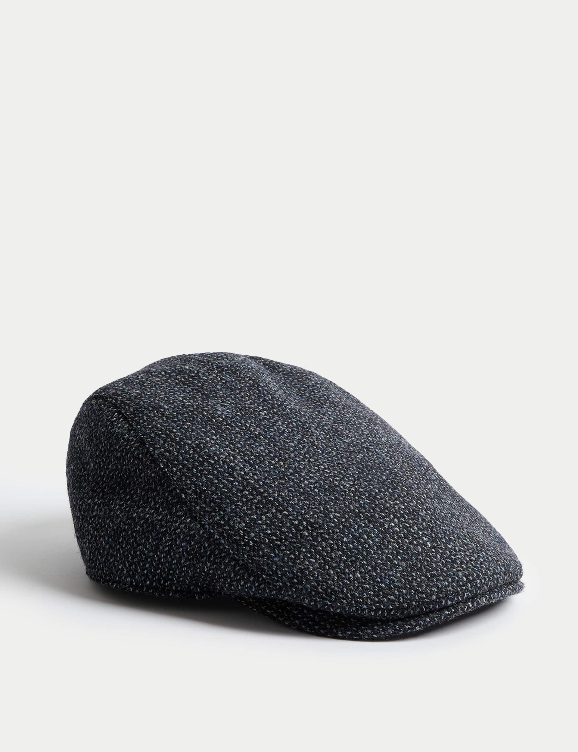 M&S Sartorial Men's Wool Rich Textured Flat Cap with Stormwear - L-XL - Navy Mix, Navy Mix