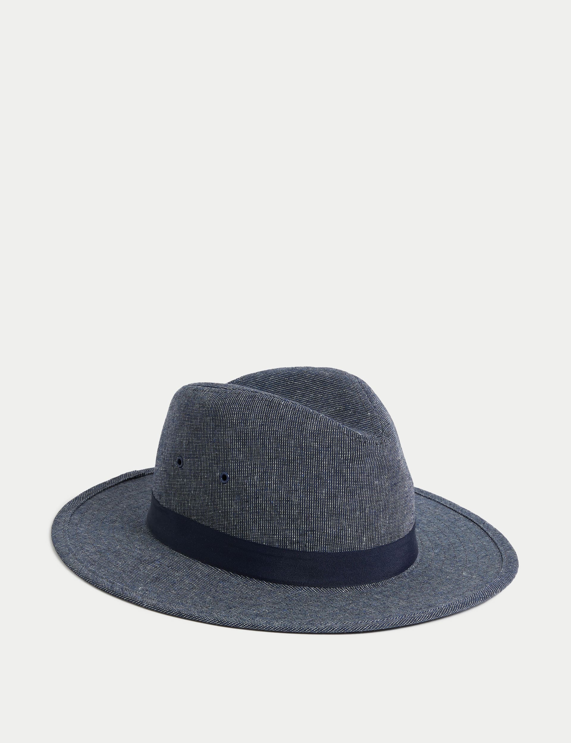 M&S Men's Linen Cotton Broad Brim - S-M - Dark Navy, Dark Navy,Stone