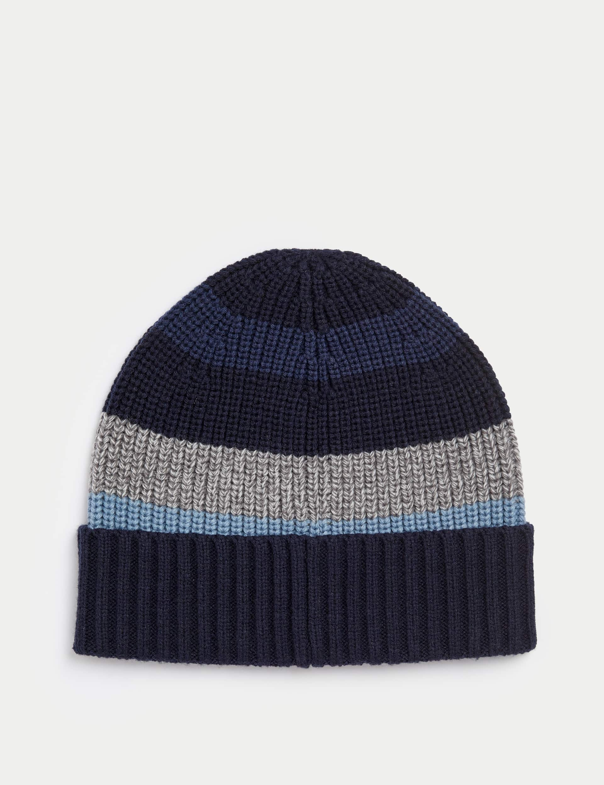 M&S Men's Striped Ribbed Beanie Hat - Blue Mix, Blue Mix