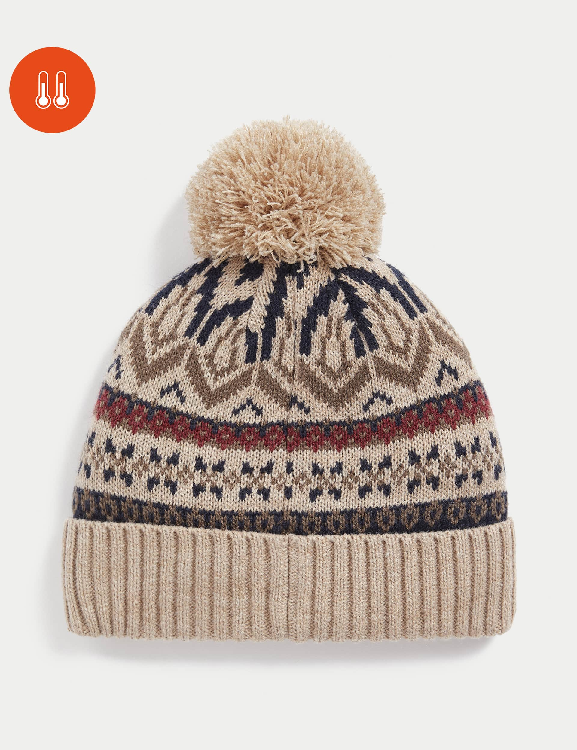 M&S Men's Fair Isle Beanie Hat - L-XL - Natural Mix, Navy Mix,Natural Mix