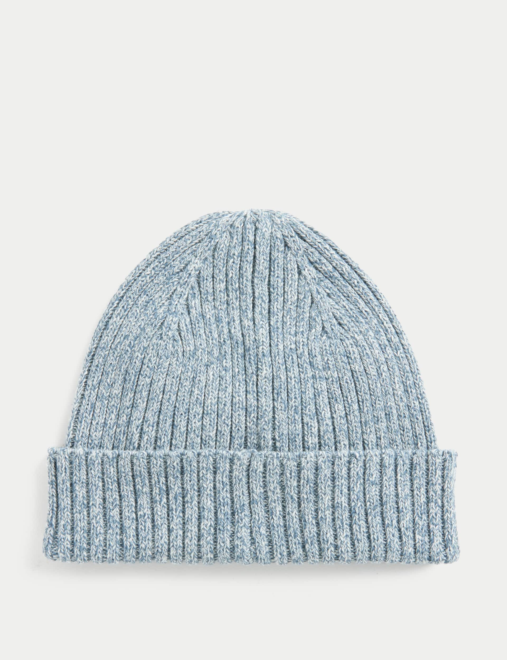 M&S Collection Men's Pure Cotton Beanie Hat - Blue Mix, Blue Mix