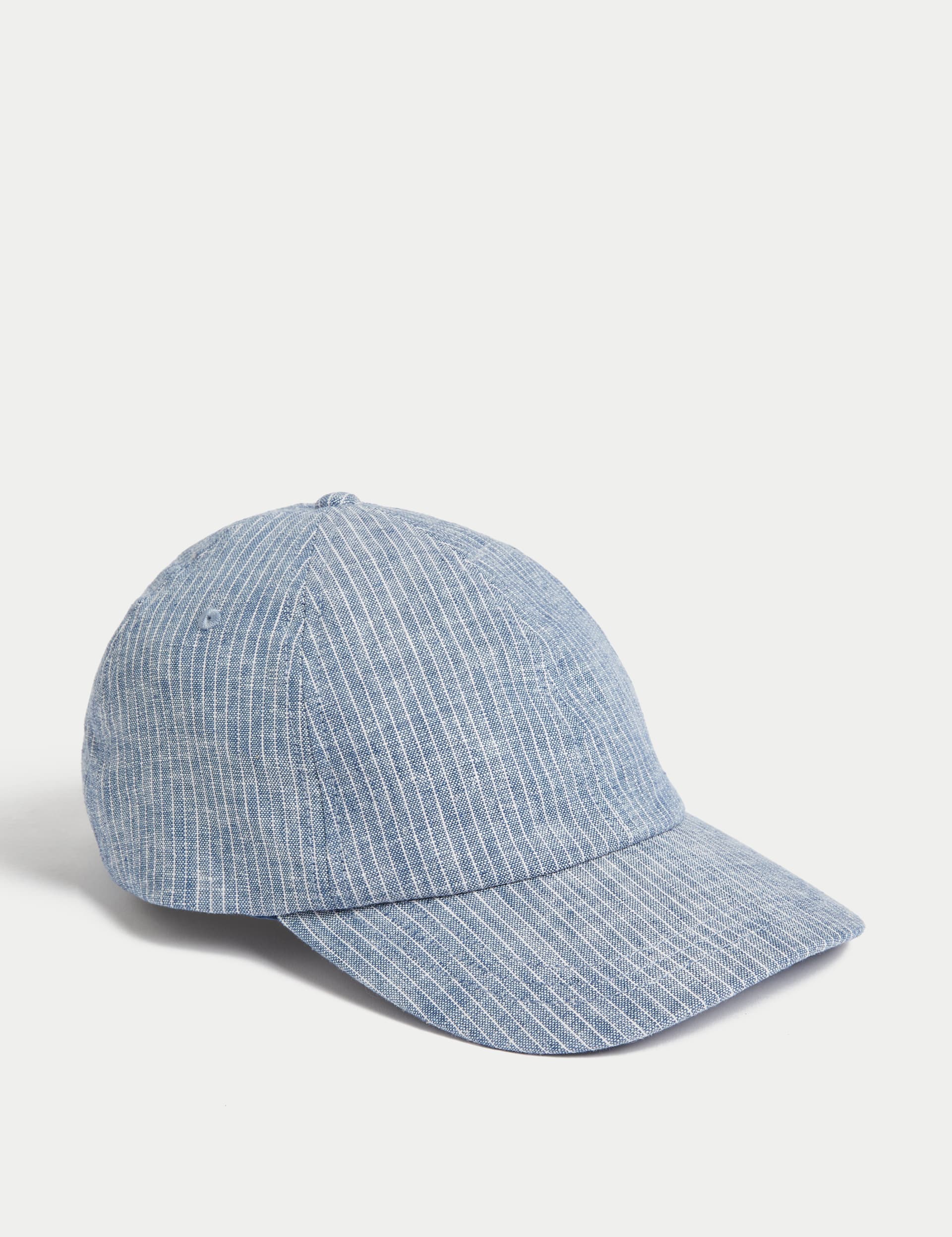 M&S Men's Pure Linen Striped Baseball Cap - one size - Blue Mix, Blue Mix