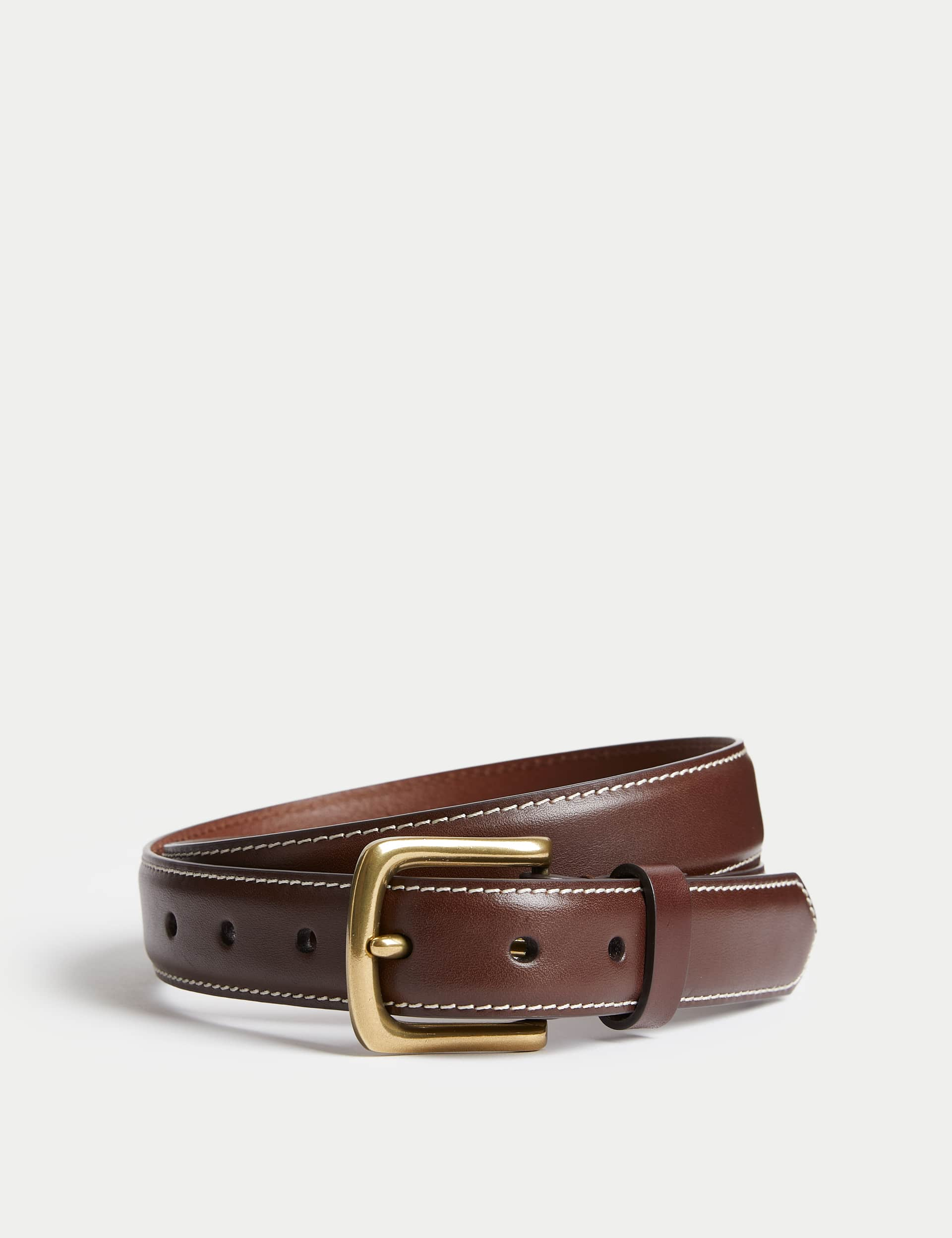 M&S Men's Leather Stitch Detail Belt - 42-44 - Brown, Brown