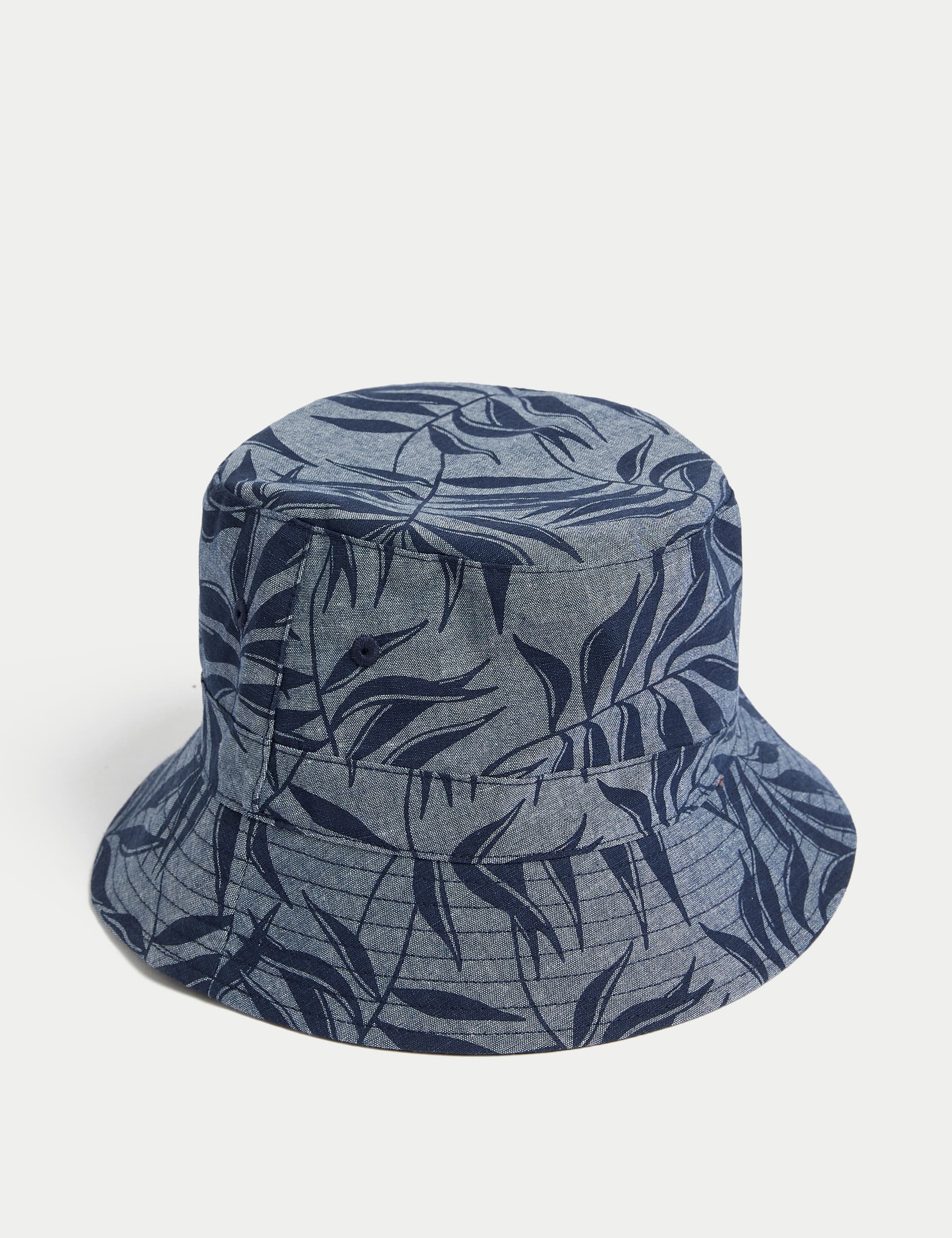 M&S Men's Pure Cotton Leaf Print Bucket Hat - L-XL - Blue Mix, Blue Mix