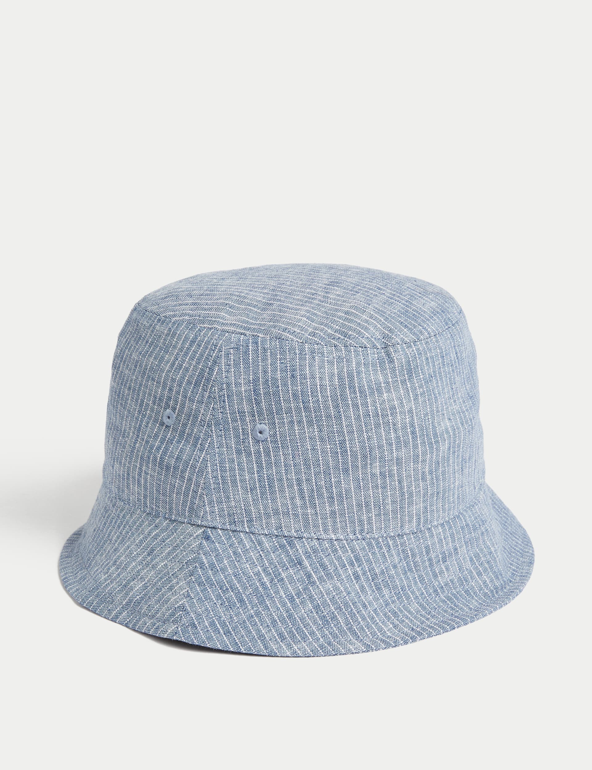 M&S Men's Linen Rich Striped Bucket Hat - L-XL - Blue Mix, Blue Mix