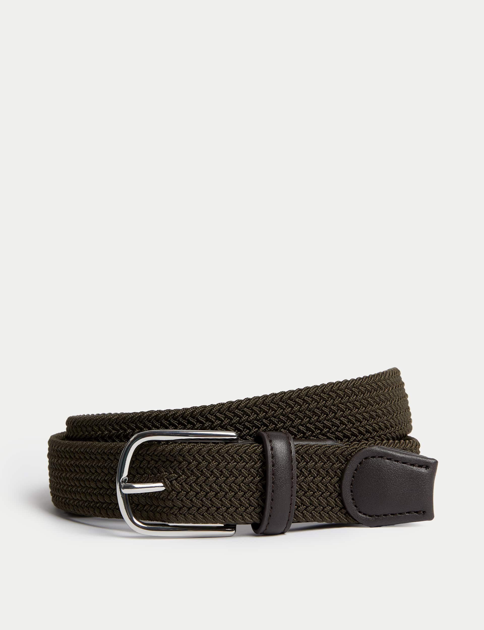 M&S Men's Stretch Woven Casual Belt - 38-40 - Dark Khaki, Dark Khaki,White Mix