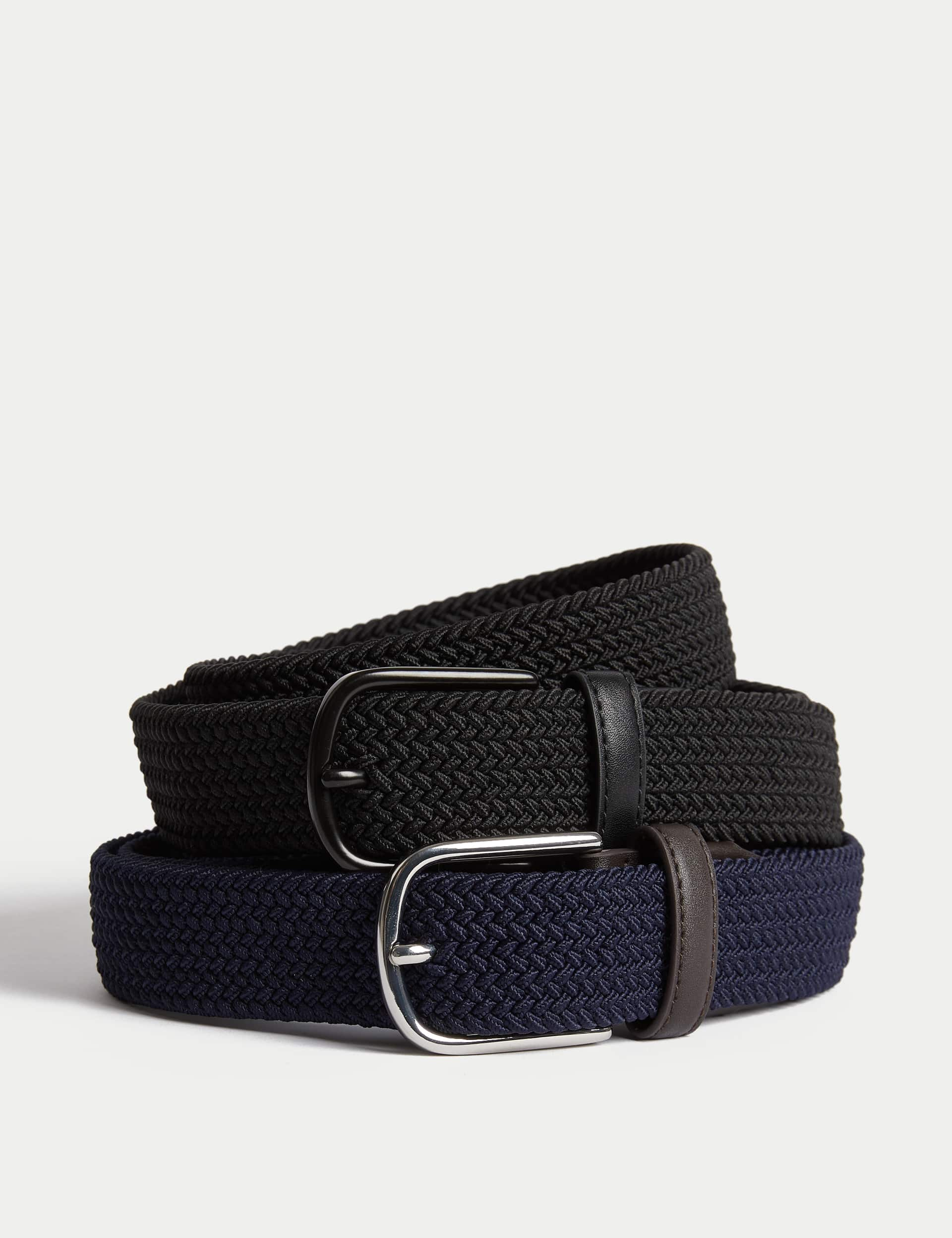 M&S Men's 2pk Stretch Active Waist Plaited Belts - 34-36 - Black Mix, Black Mix