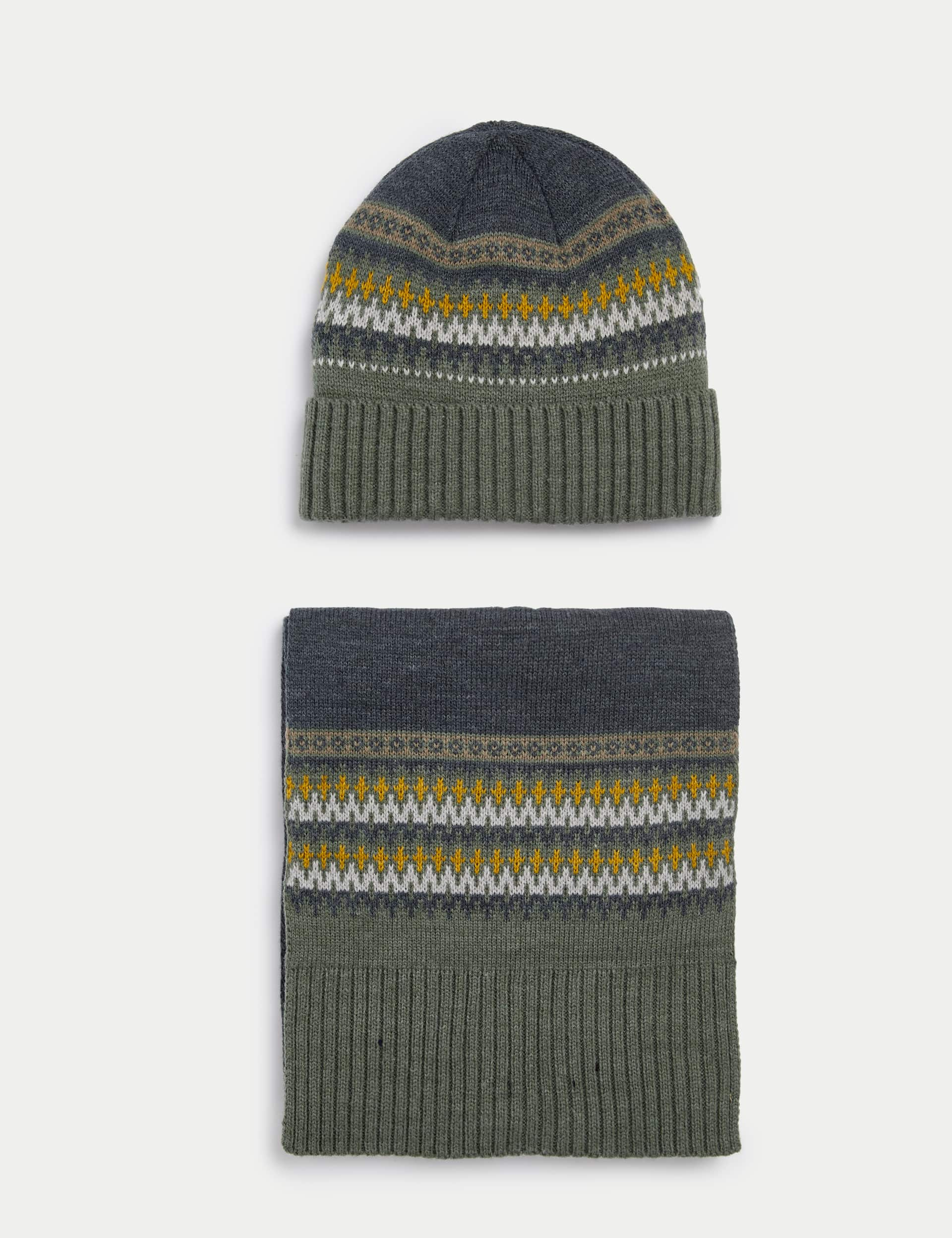 M&S Men's Fair Isle Knitted Hat and Scarf Set - Green Mix, Green Mix,Black Mix