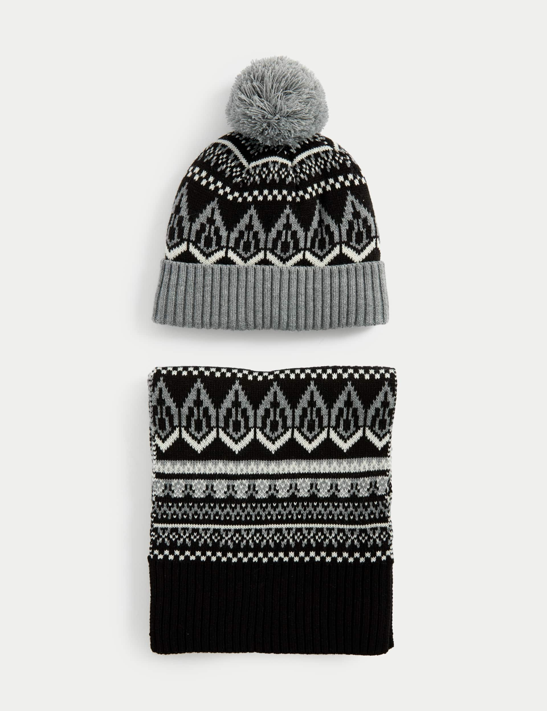 M&S Men's Fair Isle Knitted Hat and Scarf Set - Black Mix, Green Mix,Black Mix