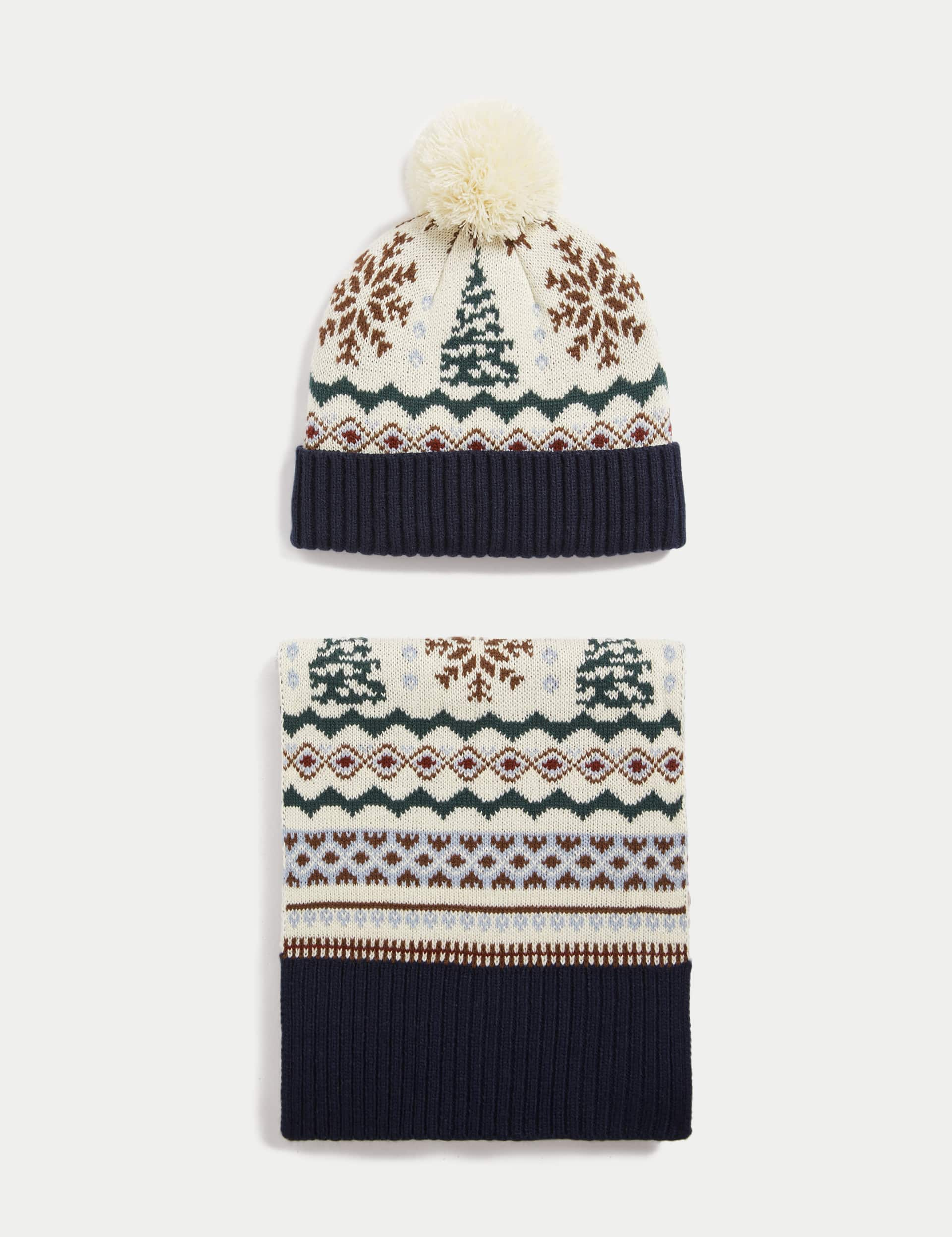 M&S Men's Fair Isle Hat and Scarf Set - Ecru Mix, Ecru Mix