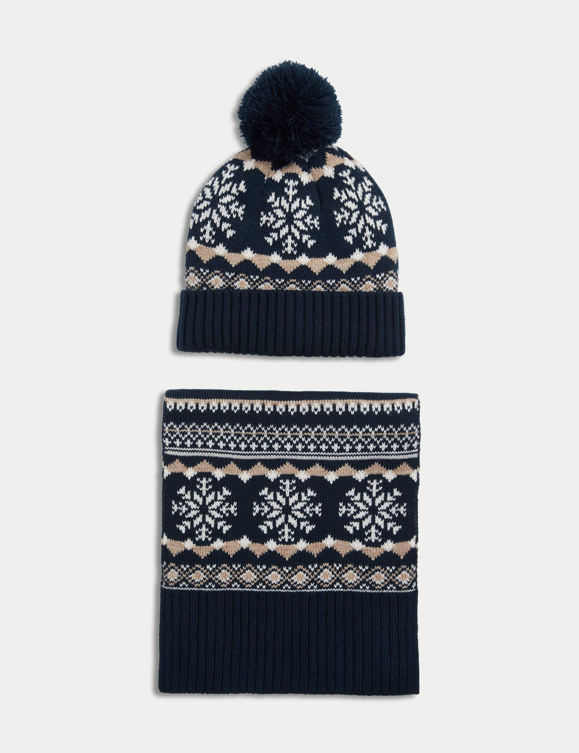 M&S Men's Fair Isle Hat and Scarf Set - Navy Mix, Navy Mix