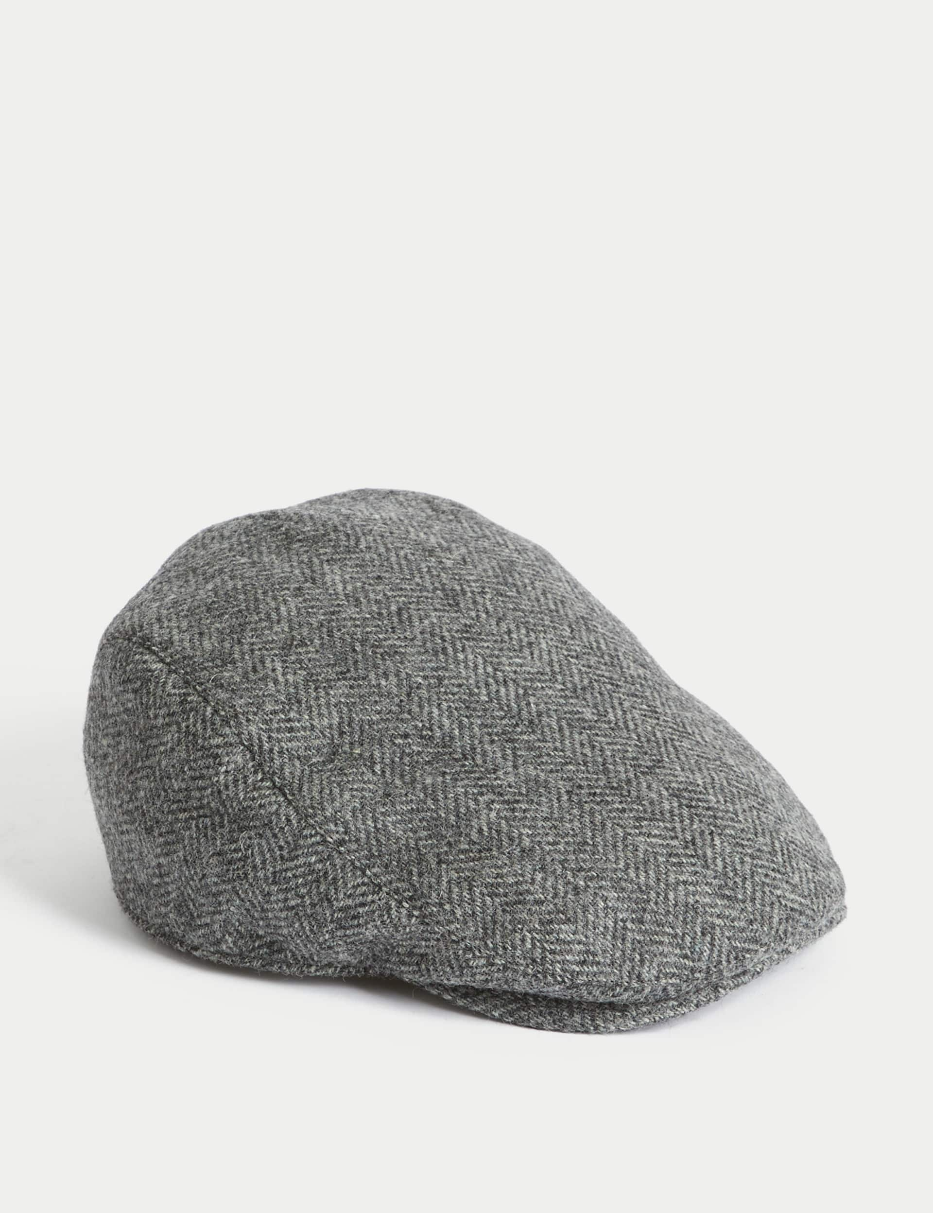 M&S Men's Pure Wool Herringbone Flat Cap with Stormwear - L-XL - Grey Mix, Green Mix,Grey Mix