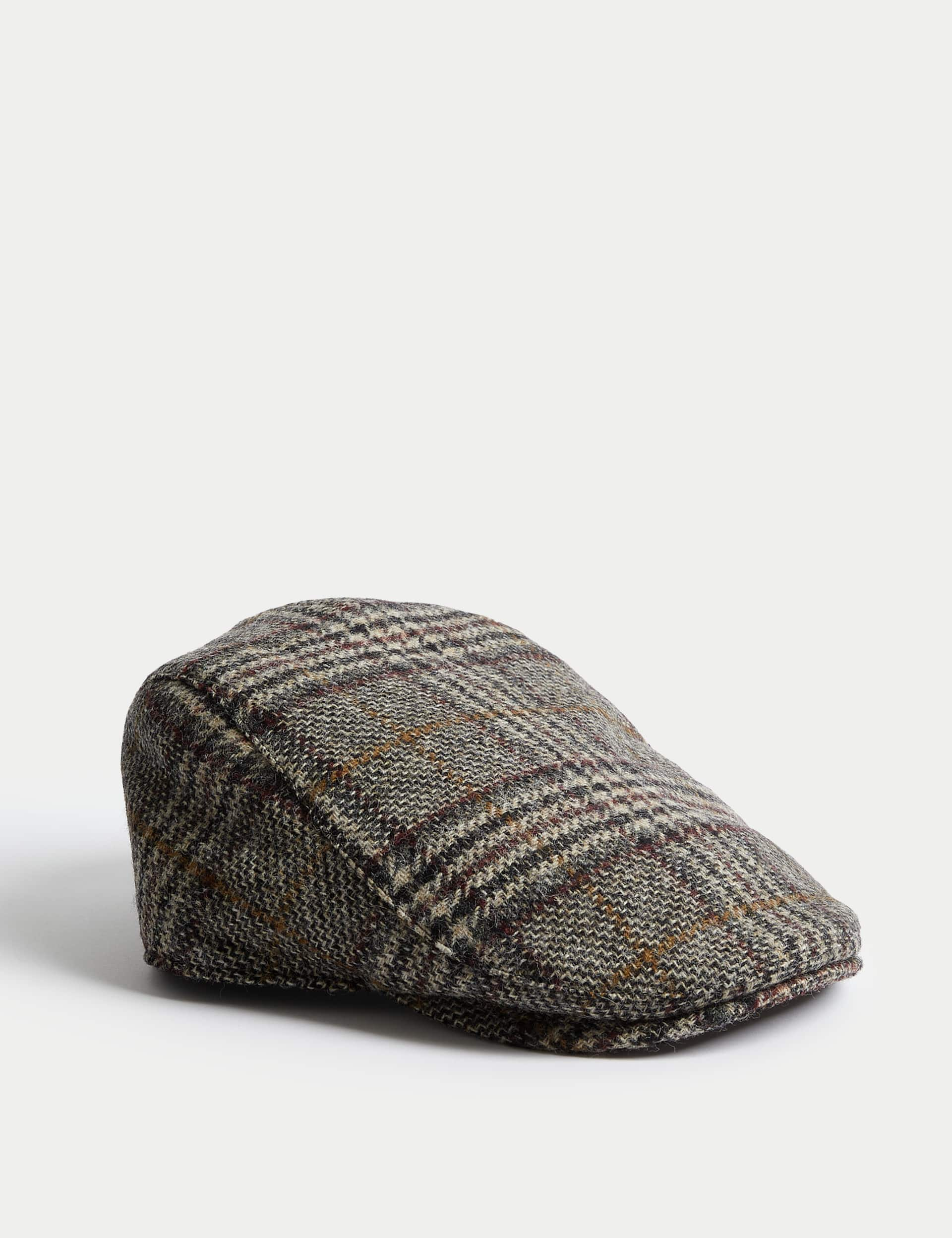 M&S Men's Pure Wool Checked Flat Cap - S-M - Natural Mix, Natural Mix