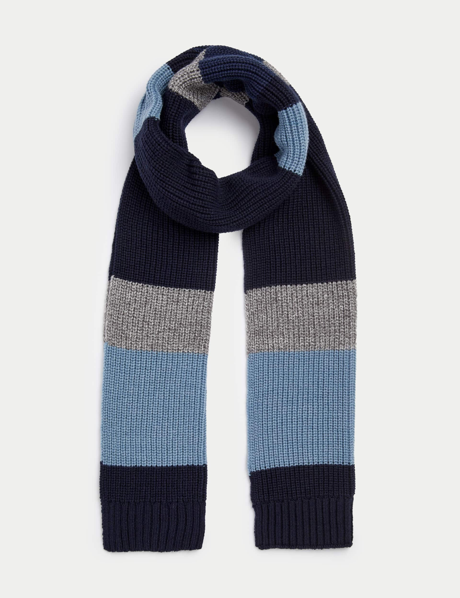 M&S Men's Striped Knitted Scarf - Blue Mix, Blue Mix,Khaki Mix