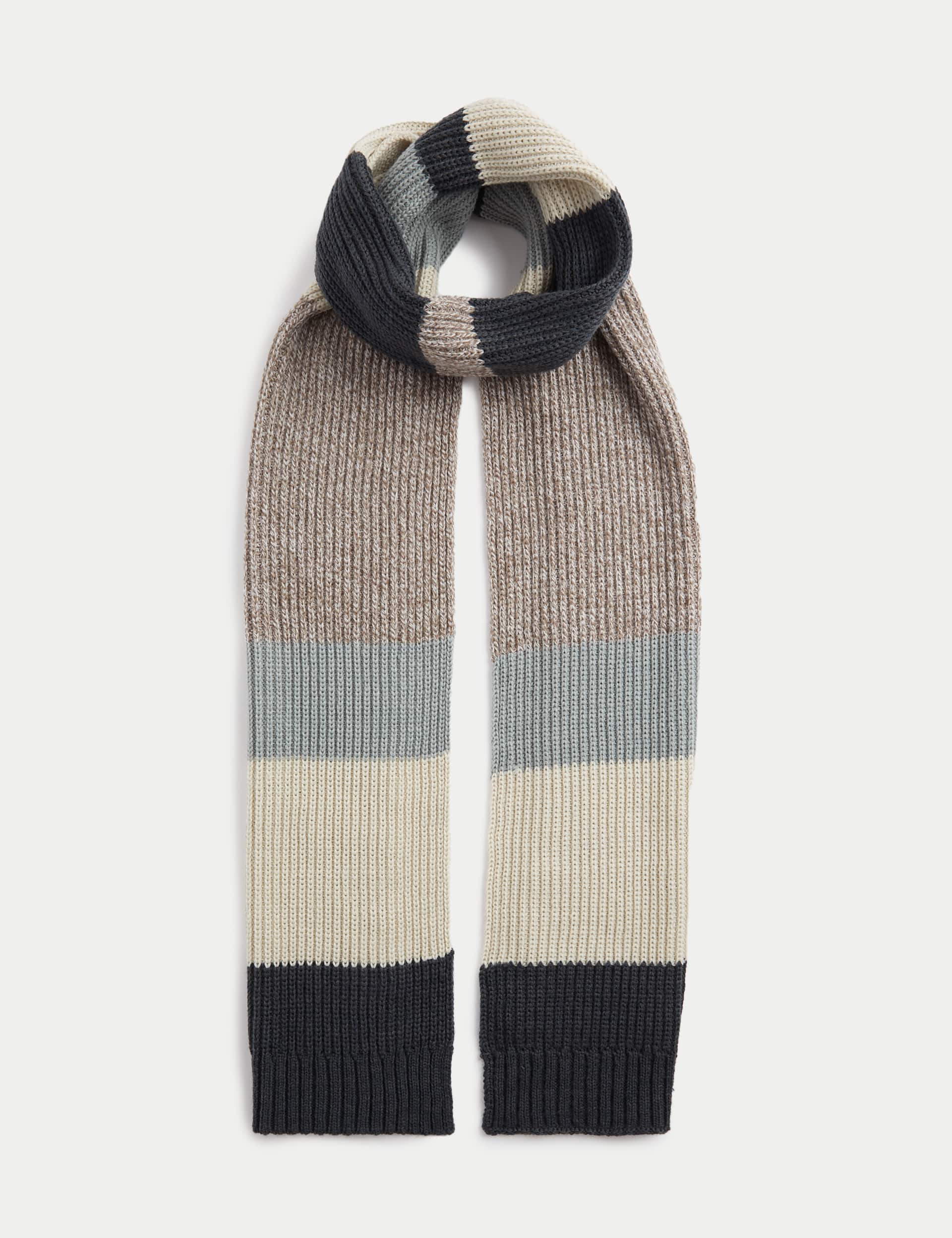 M&S Collection Men's Striped Knitted Scarf - Grey Mix, Blue Mix,Grey Mix,Khaki Mix