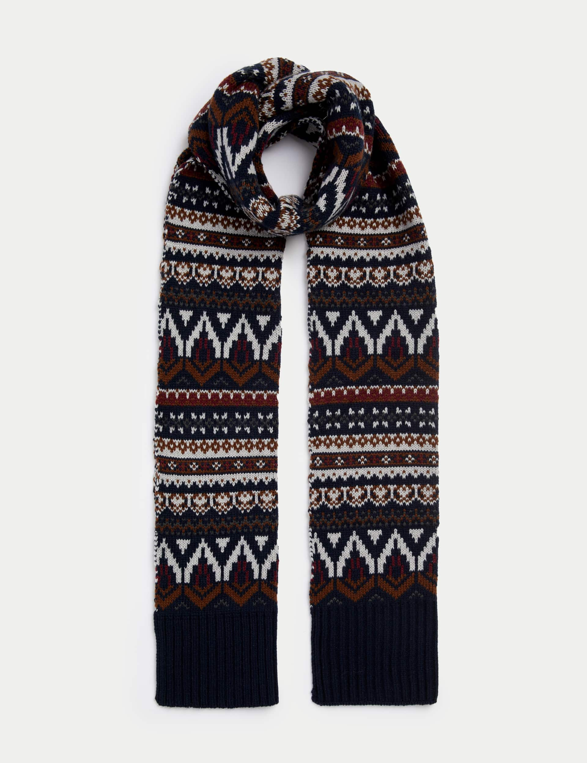 M&S Men's Fair Isle Knitted Scarf - Navy Mix, Navy Mix,Natural Mix