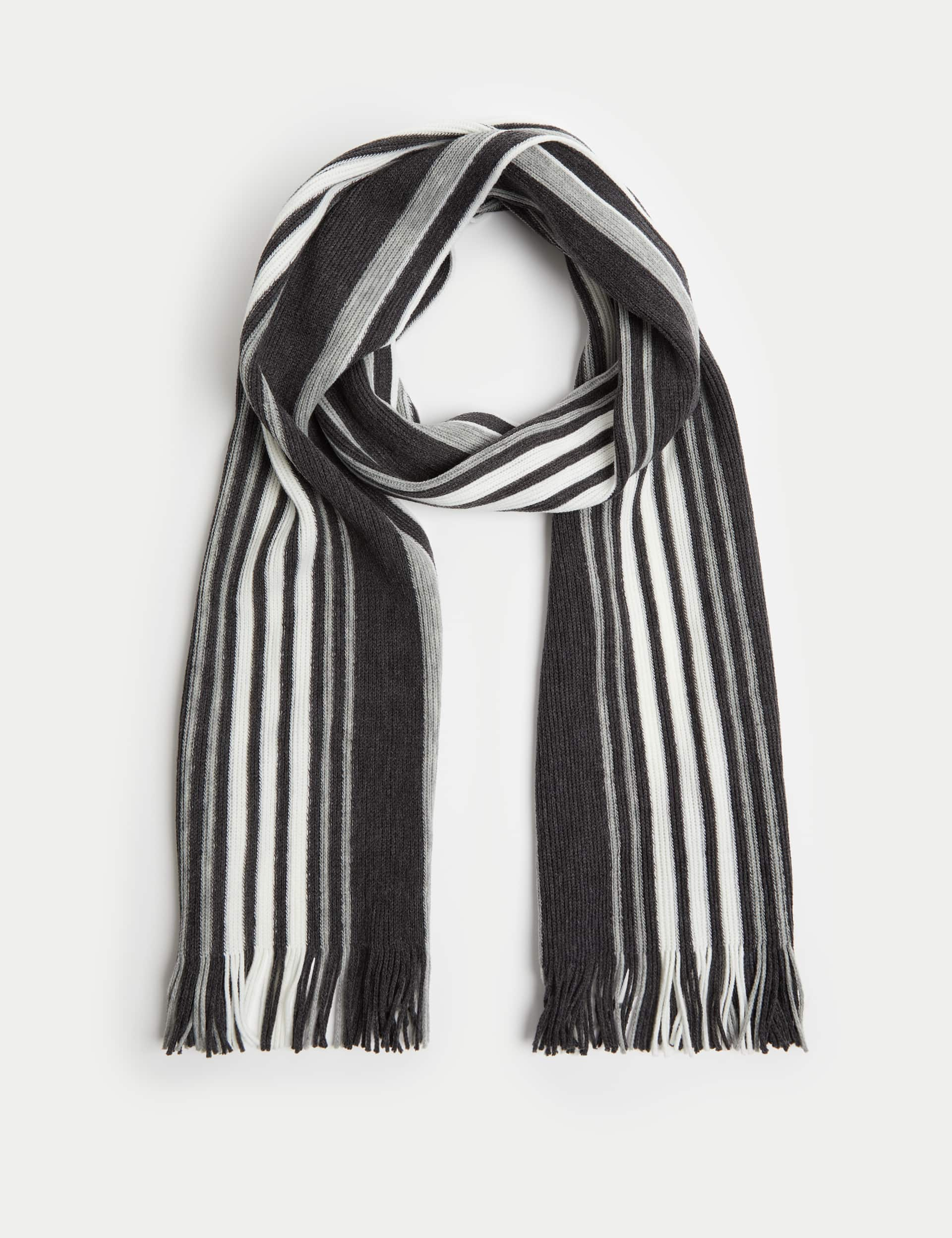 M&S Men's Striped Knitted Scarf - Grey Mix, Grey Mix,Multi