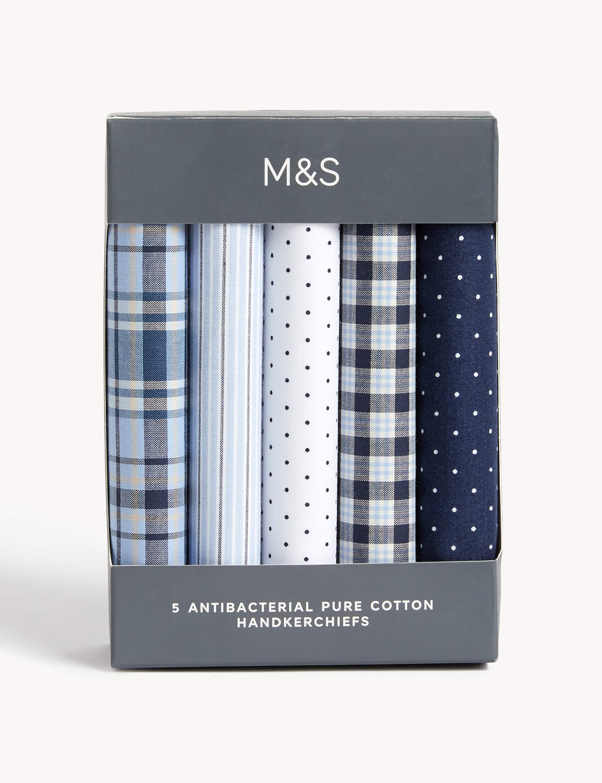 M&S Men's 5pk Antibacterial Pure Cotton Handkerchiefs - one size - Blue Mix, Blue Mix