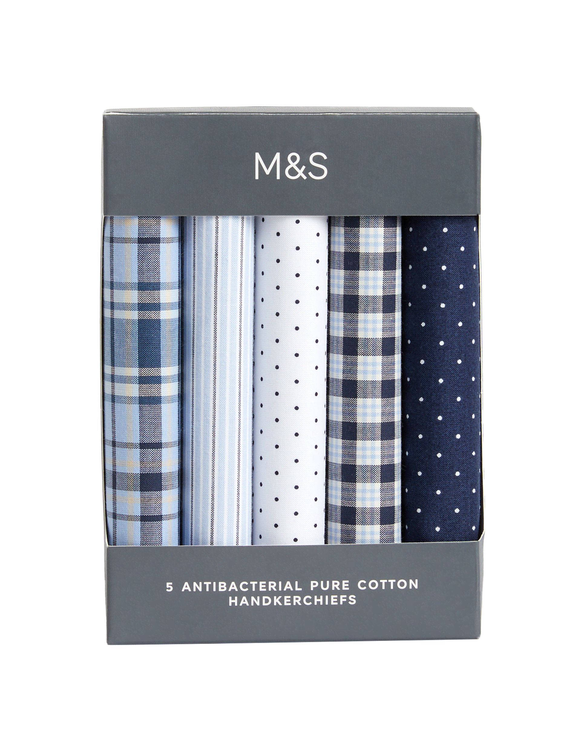 M&S Collection Men's 5pk Antibacterial Pure Cotton Handkerchiefs - one size - Blue Mix, Blue Mix