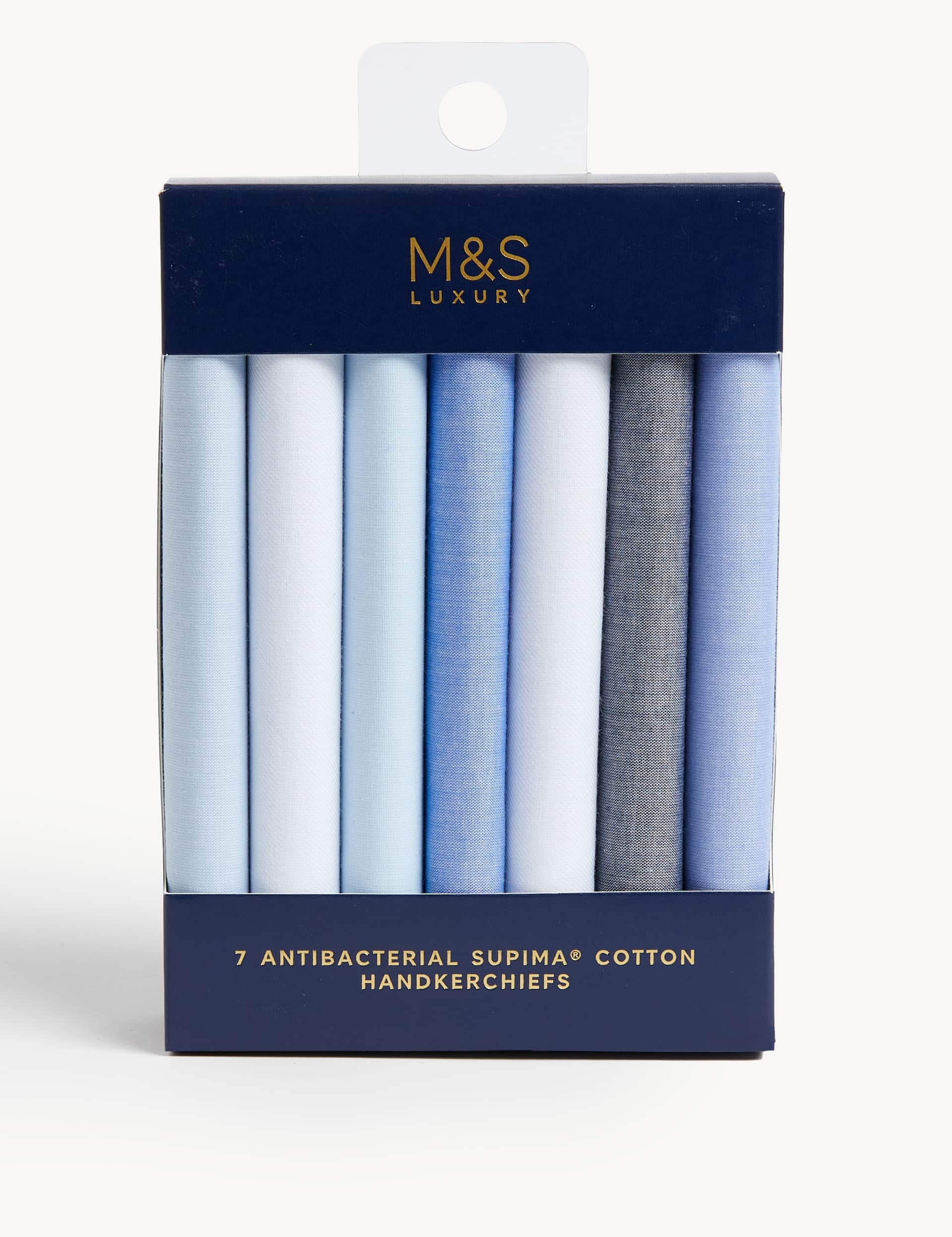 M&S Men's 7pk Antibacterial Pure Cotton Handkerchiefs with Sanitized Finish - one size - Blue Mix, 