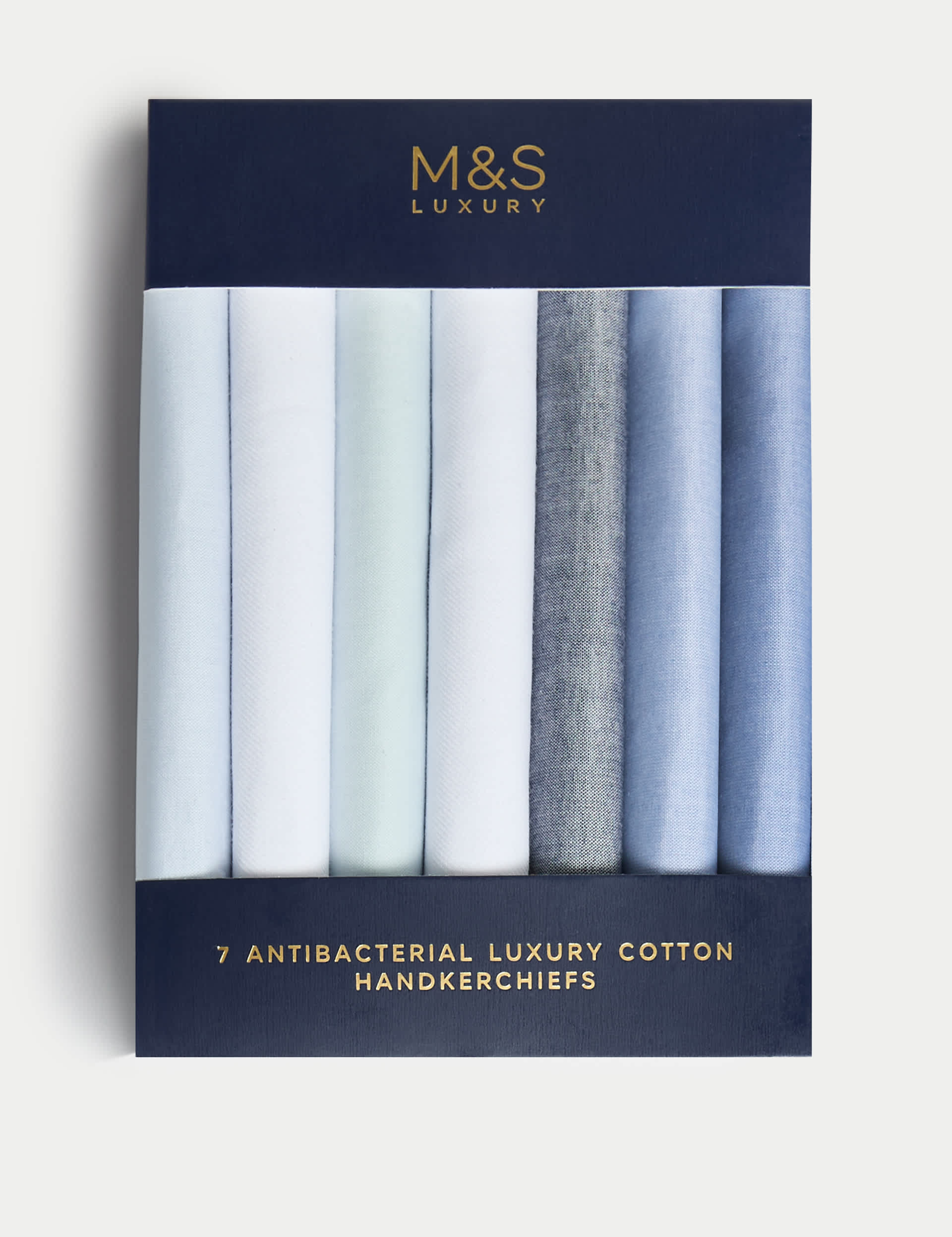 M&S Men's 7pk Antibacterial Pure Cotton Handkerchiefs - Blue Mix, White,Blue Mix