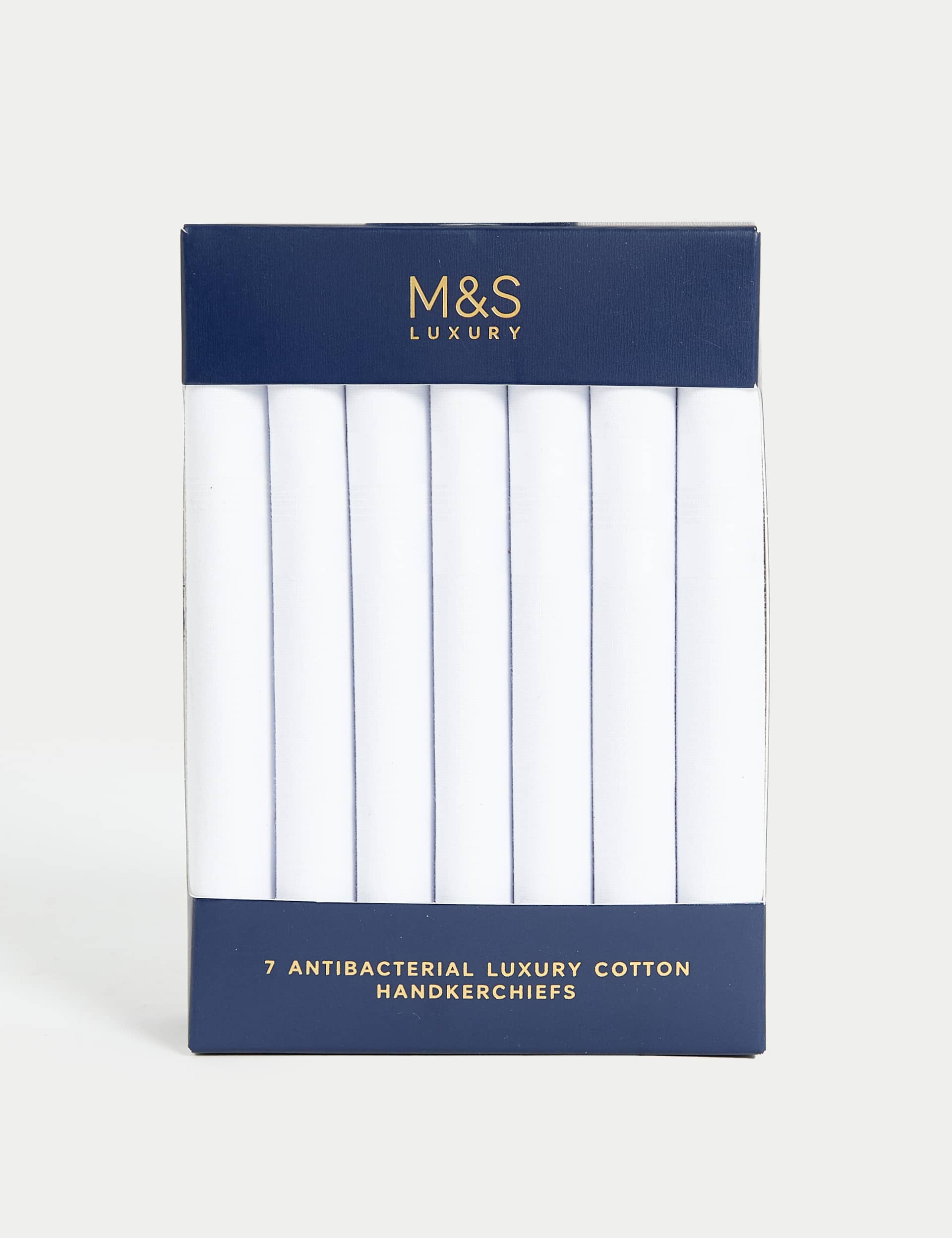 M&S Men's 7pk Antibacterial Pure Cotton Handkerchiefs - White, White,Blue Mix