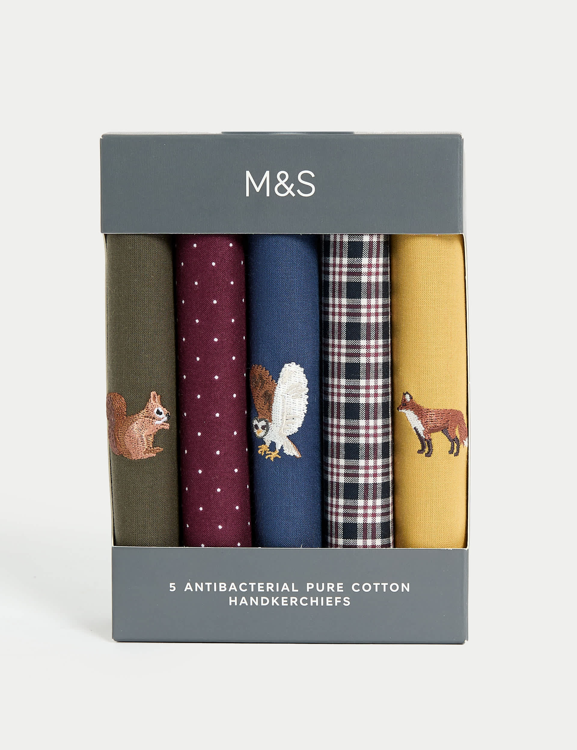 M&S Men's 5pk Antibacterial Pure Cotton Handkerchiefs - Multi, Multi