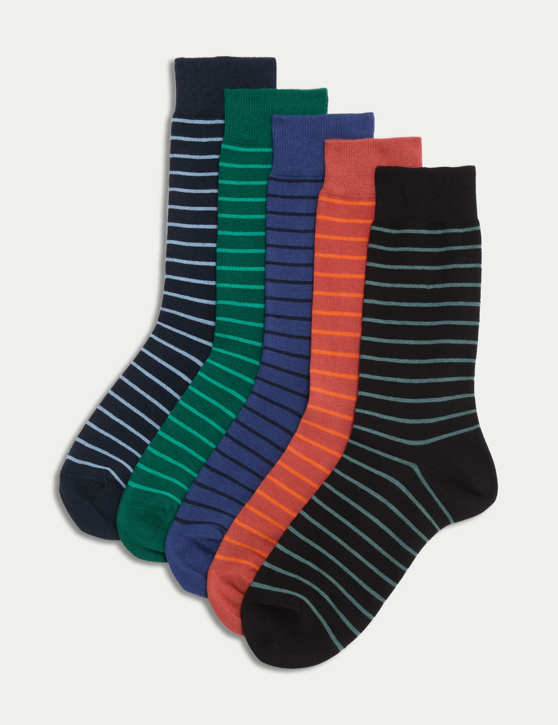 M&S Men's 5pk Cool & Fresh Striped Cotton Rich Socks - 9-12 - Multi, Multi