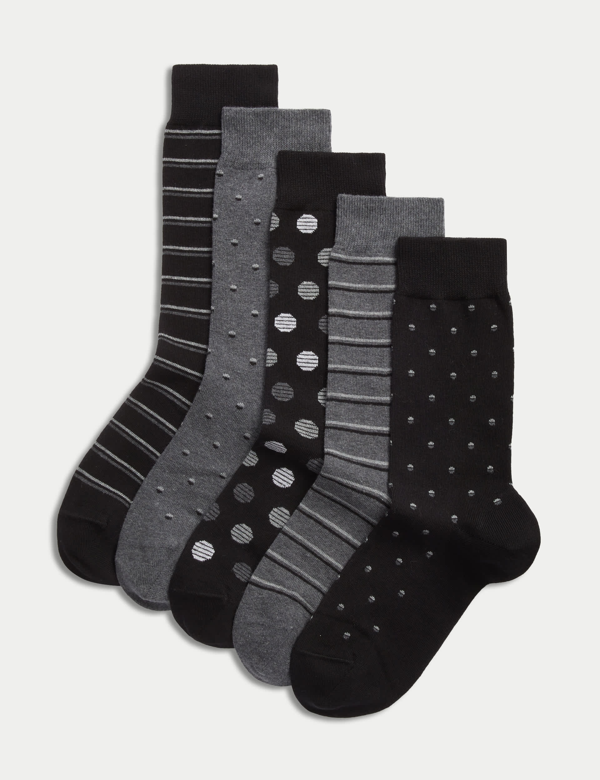 M&S Men's 5pk Cool & Fresh™ Patterned Cotton Rich Socks - 9-12 - Black/Grey, Black/Grey