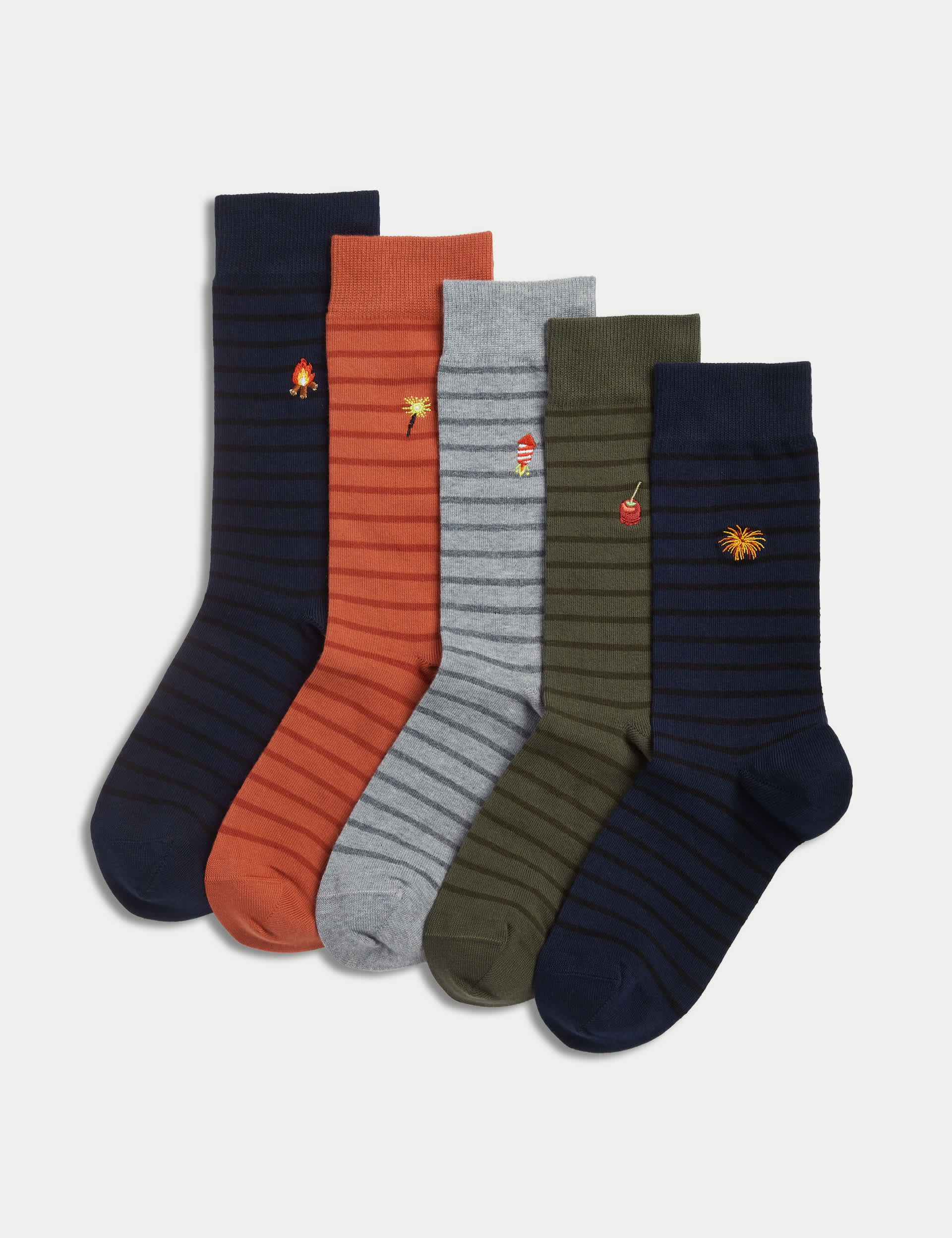 M&S Men's 5pk Cool & Fresh Bonfire Cotton Rich Socks - 9-12 - Multi, Multi