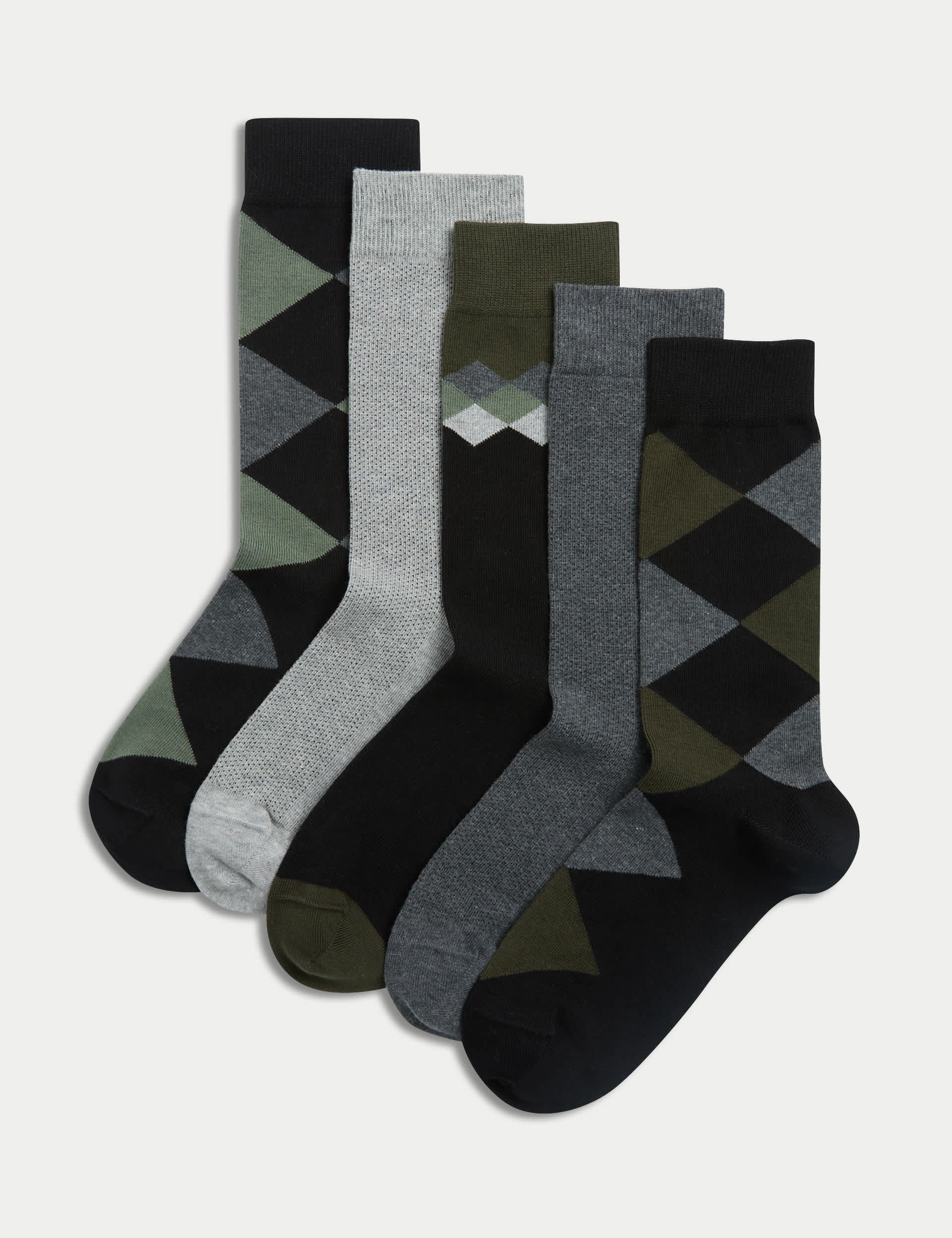 M&S Men's 5pk Cool & Fresh™ Argyle Cotton Rich Socks - 9-12 - Green Mix, Green Mix