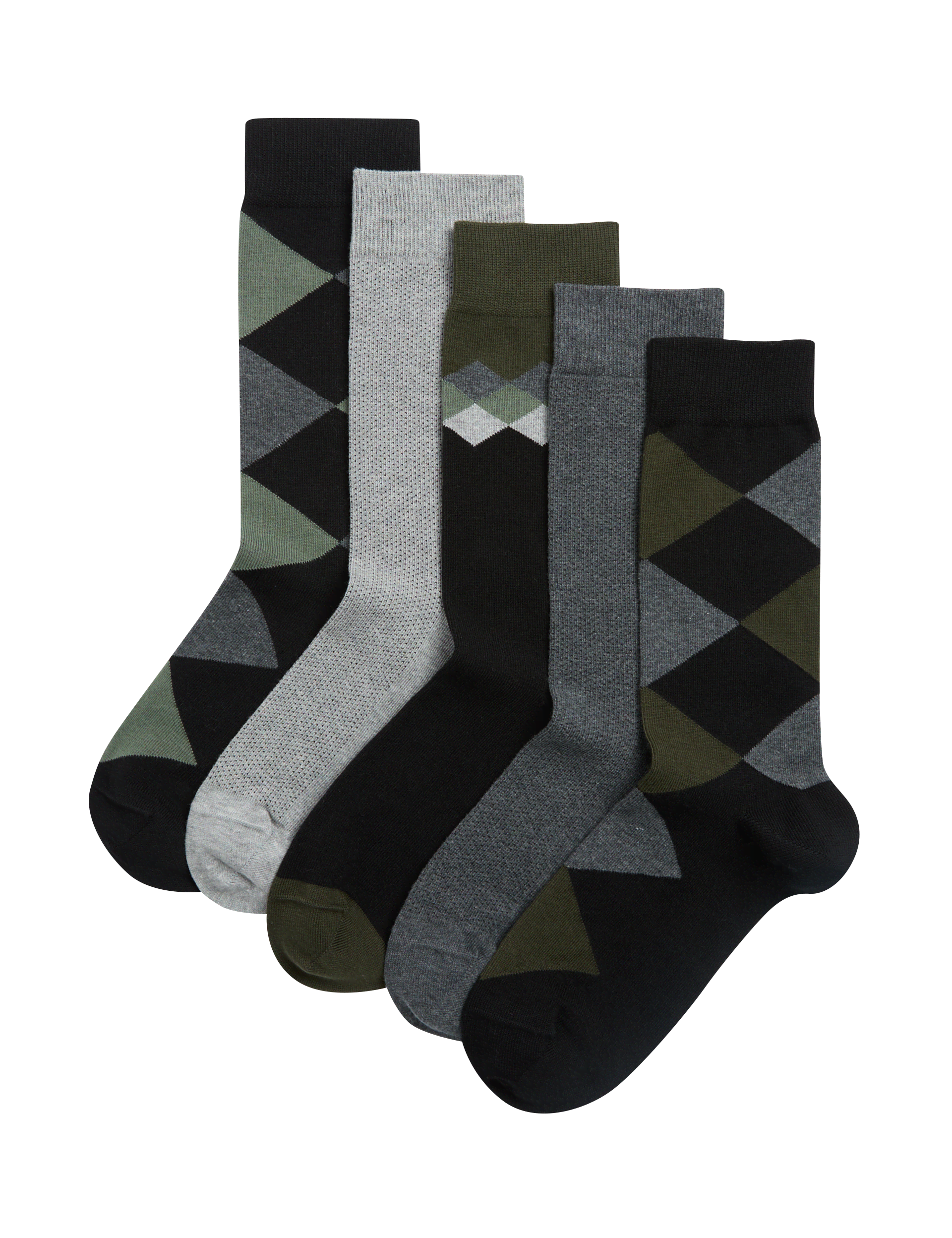 M&S Collection Men's 5pk Cool & Fresh Argyle Cotton Rich Socks - 9-12 - Green Mix, Green Mix