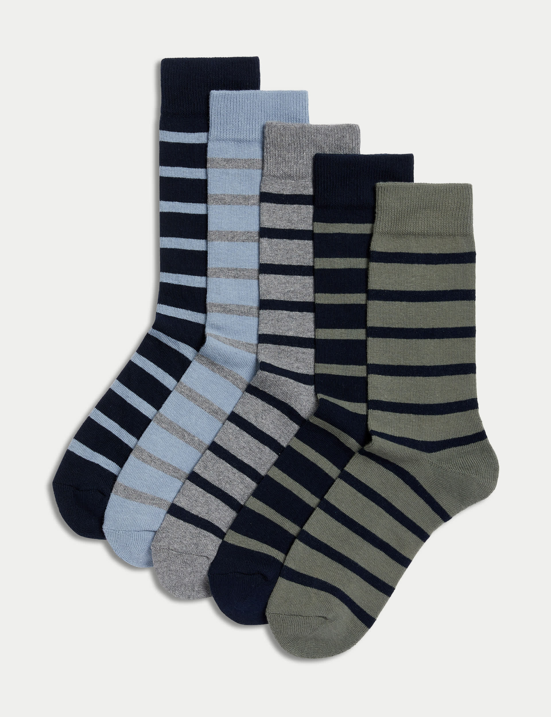 M&S Men's 5pk Cool & Fresh Striped Cotton Rich Cushioned Socks - 9-12 - Navy Mix, Navy Mix